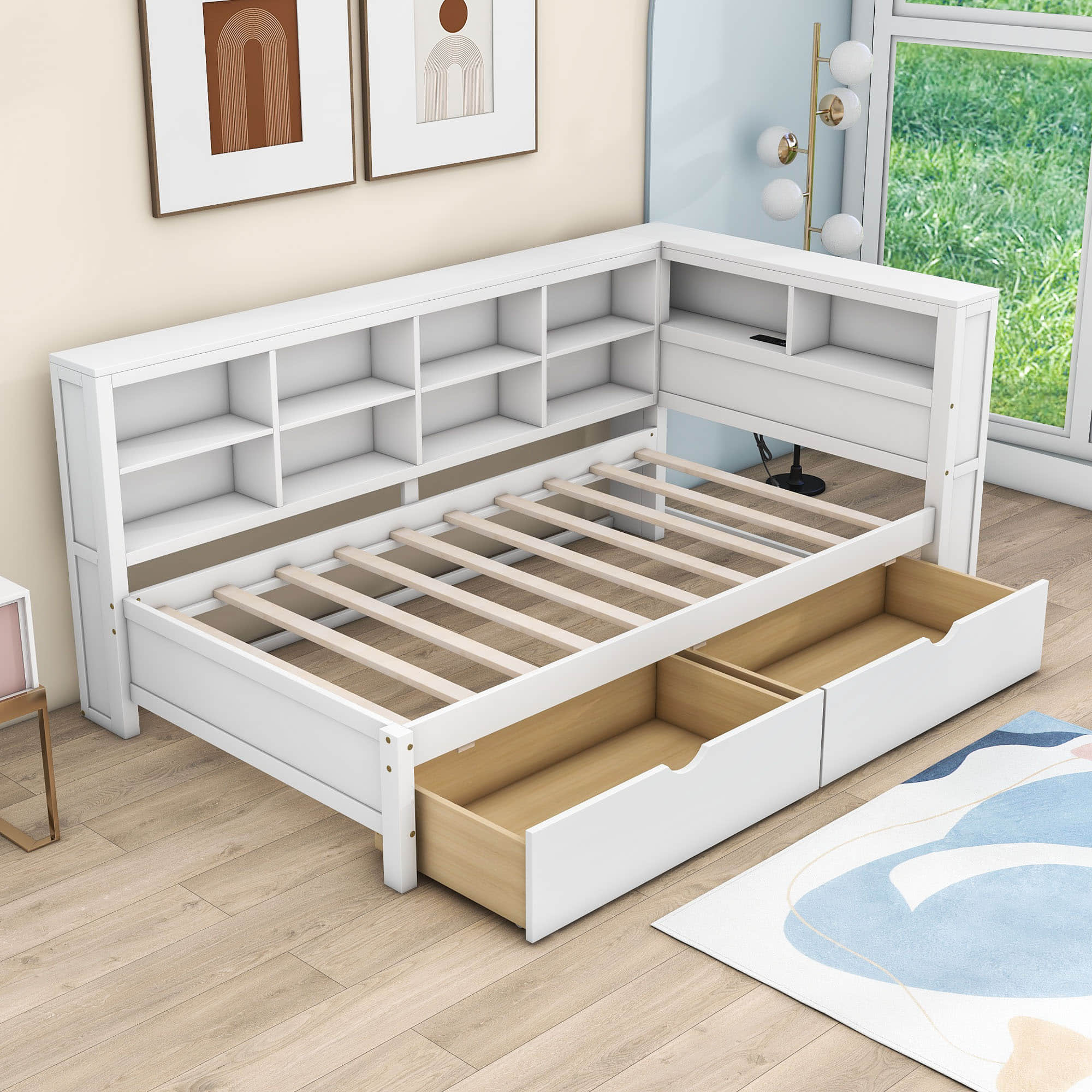 Modern Smart Kids Twin Size Daybed with Storage Drawers and Shelf