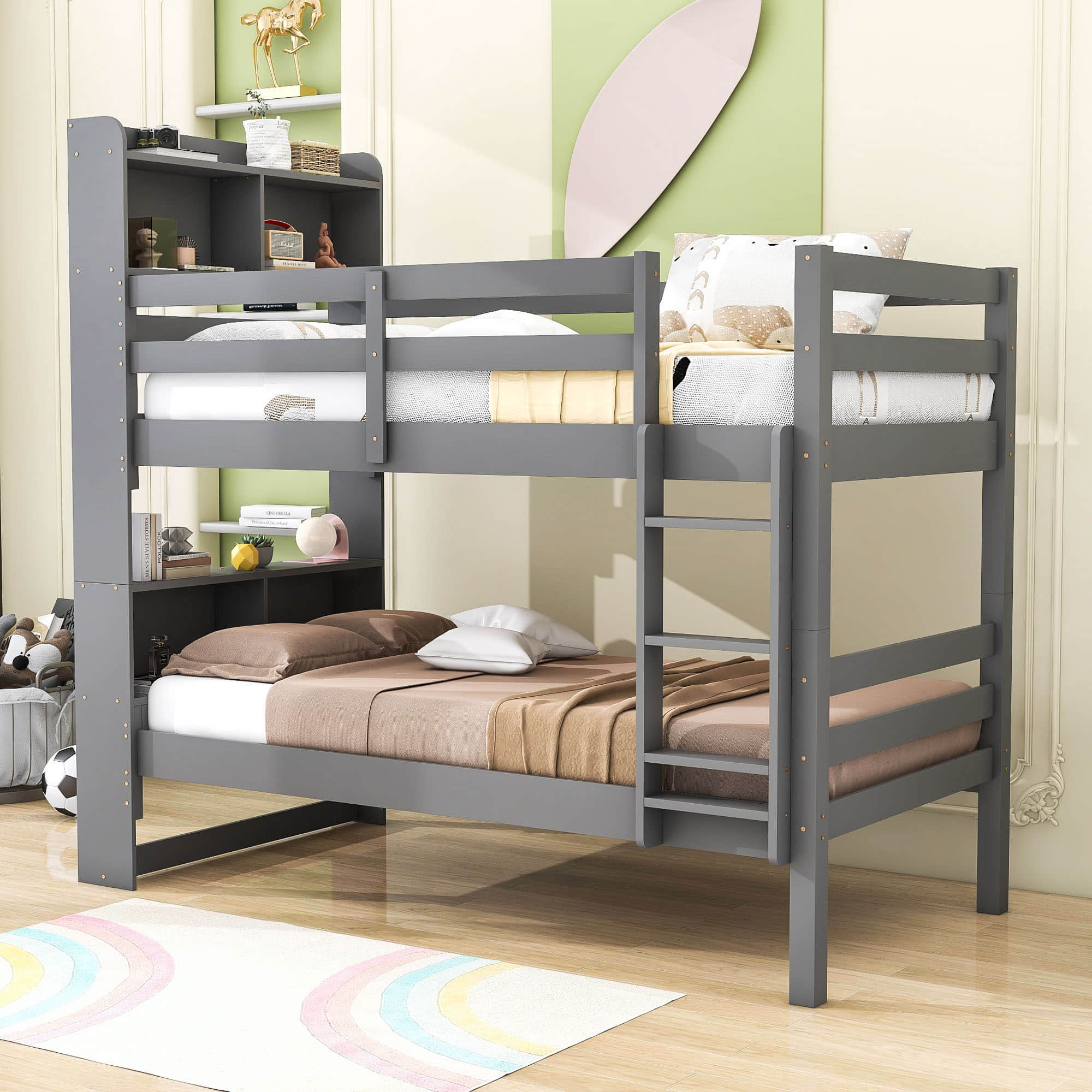 Solid Wood Convertible Twin Over Twin Bunk Beds with Bookcase Headboard