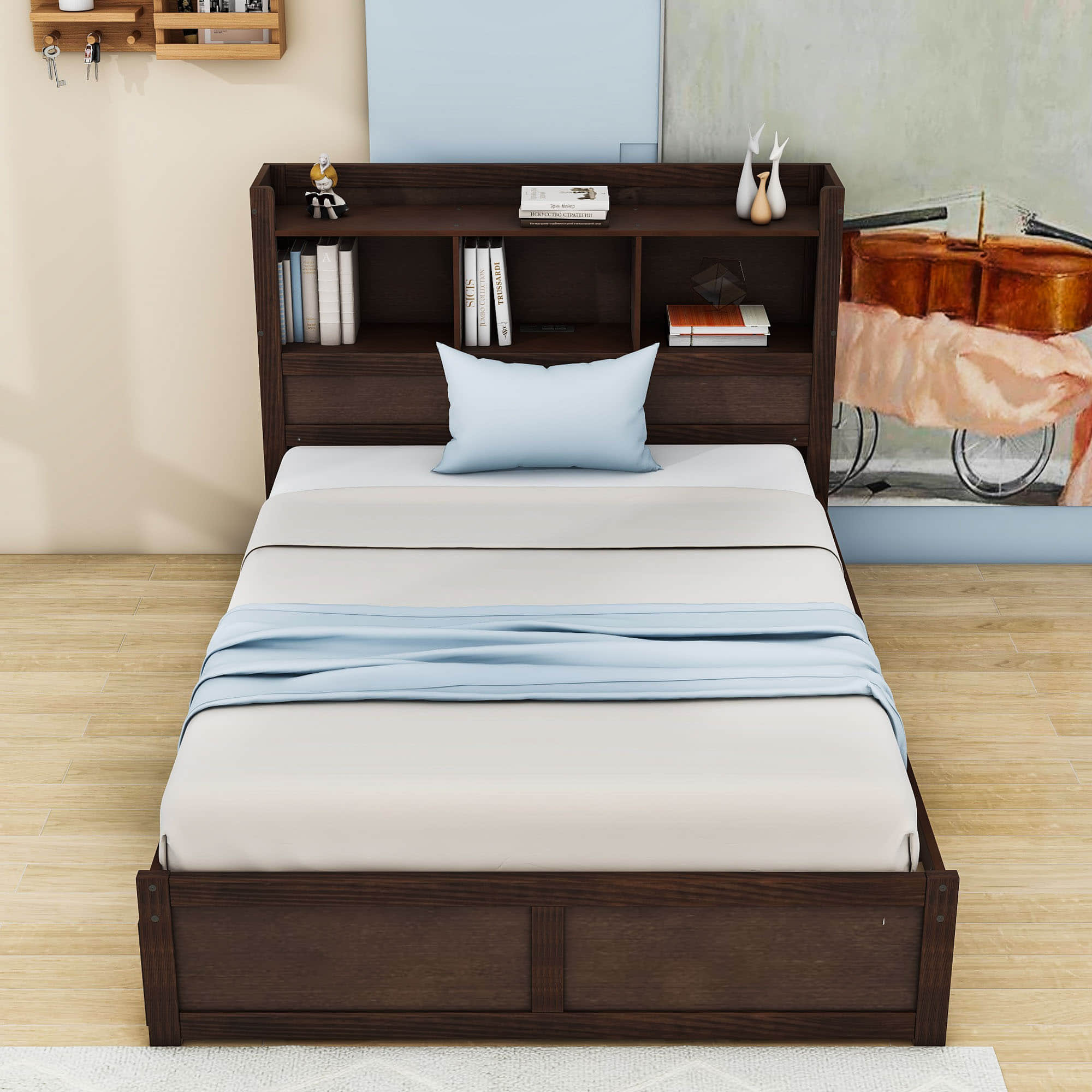 Full Platform Bed Frame with Twin Trundle Bed and Storage Headboard