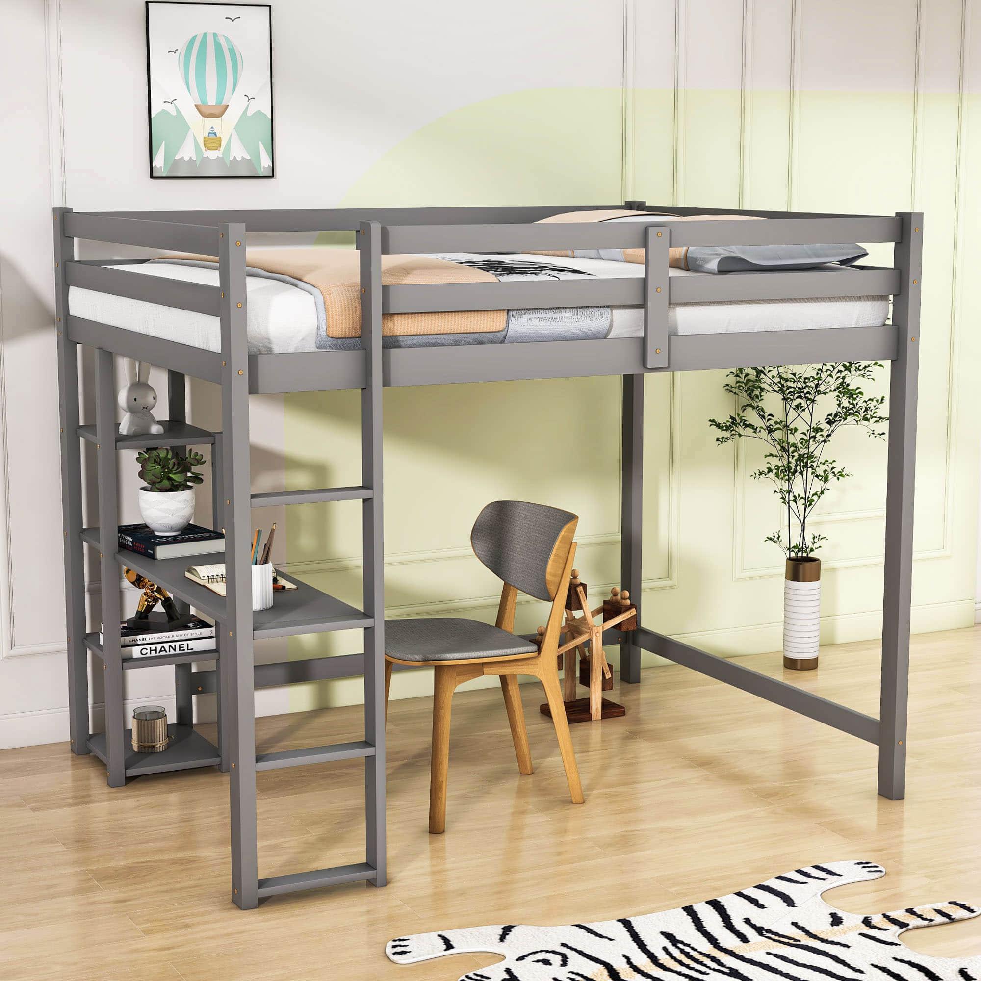 Heavy-Duty Full Size Loft Bed with Desk and Shelves for Adult, Junior - [Wood, Medium]