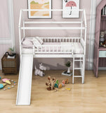 Twin Size Low House Loft Bed with Slide for Kids - [Wood]