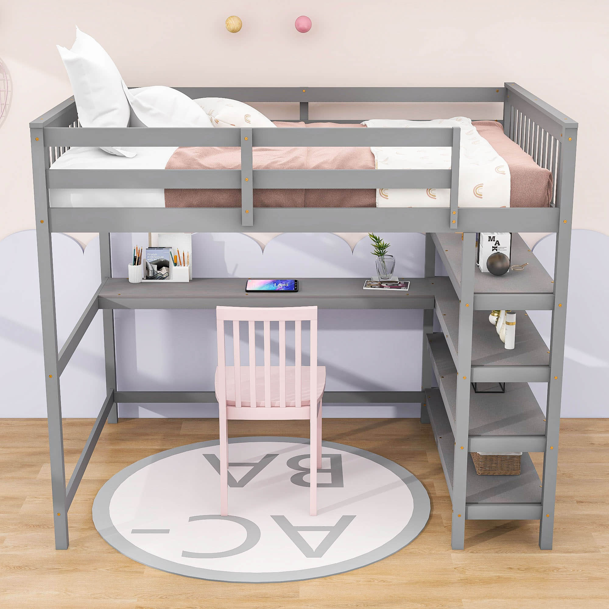 Full Size Loft Bed with Desk and Storage Shelves for Adults, Kids