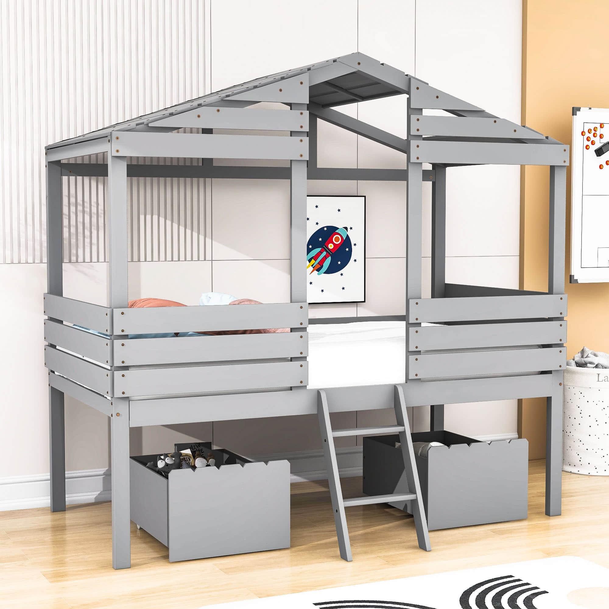 Twin Low Loft FarmHouse Bed with Storage Drawers for Kids - [Wood]