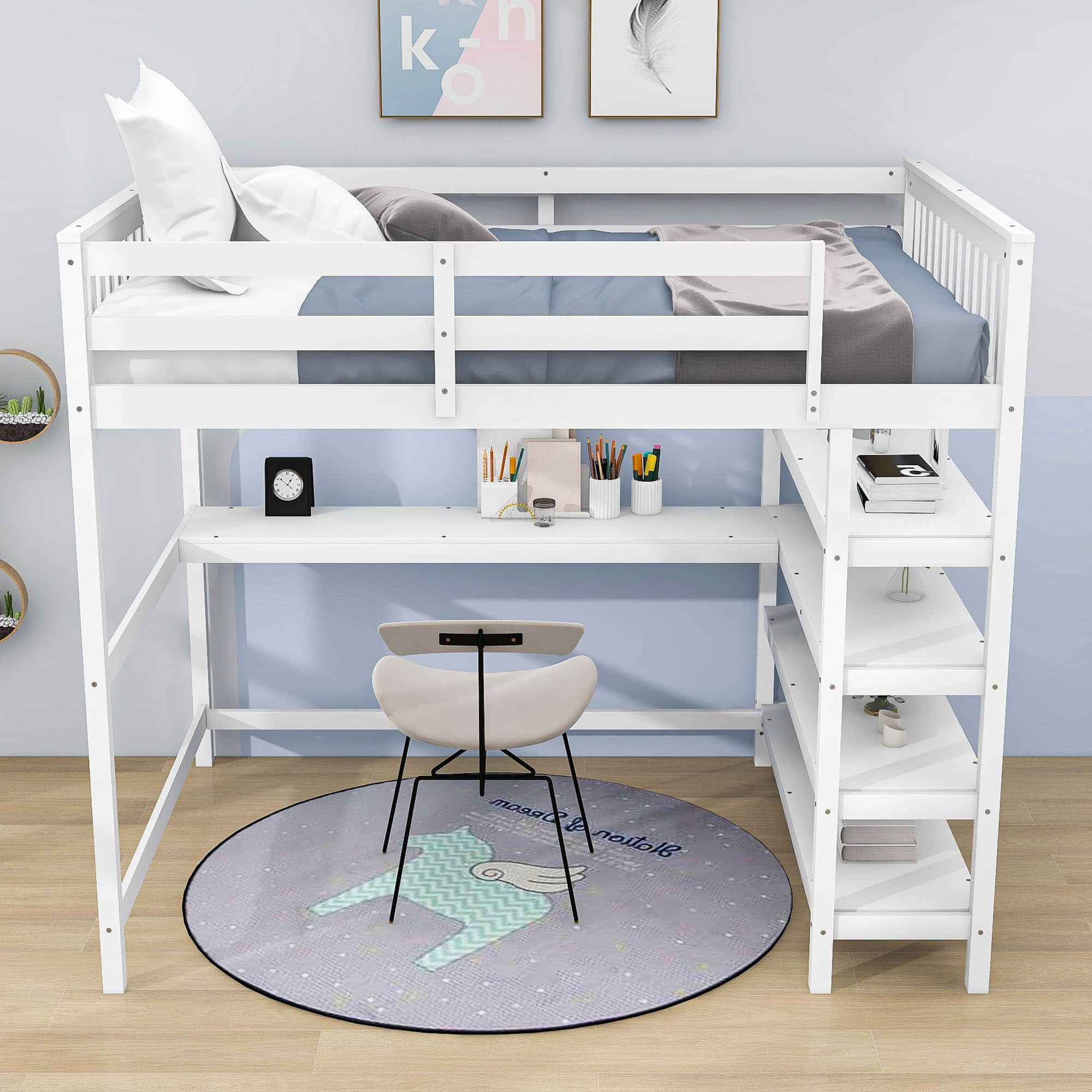 Full Size Loft Bed with Desk and Storage Shelves for Adults, Kids