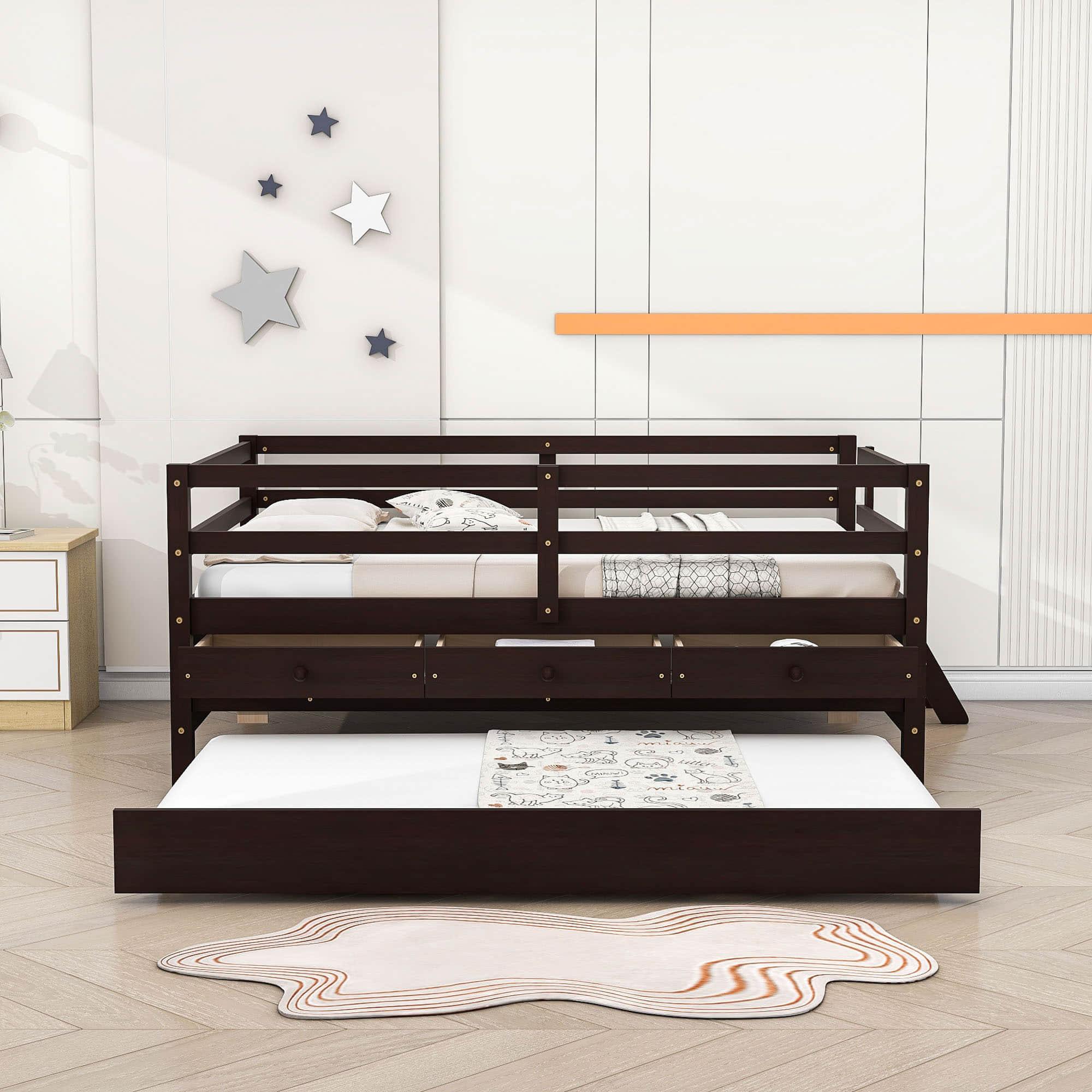 Solid Wood Low Full Size Kids Bed with Trundle and Storage - [Drawers, Rails]