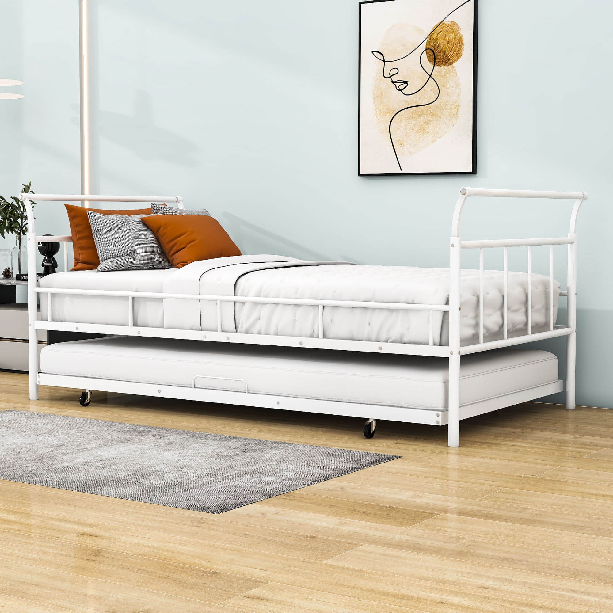 Metal Twin Daybed with Trundle and Curved Armrest - [Backless]