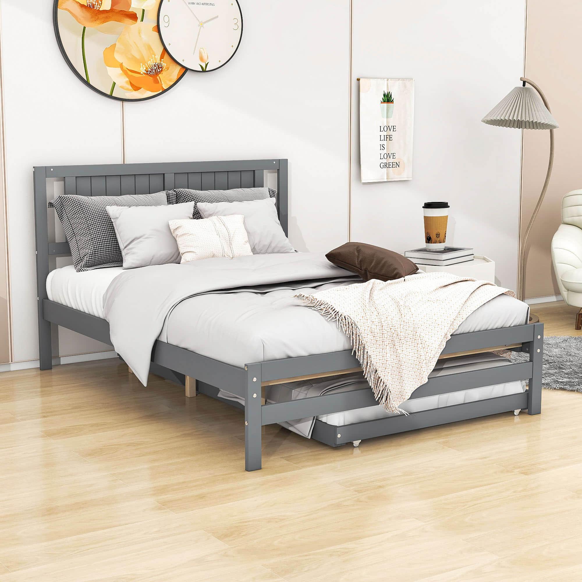 Full Size Platform Bed with Pop Up Trundle and Headboard - [Wood]