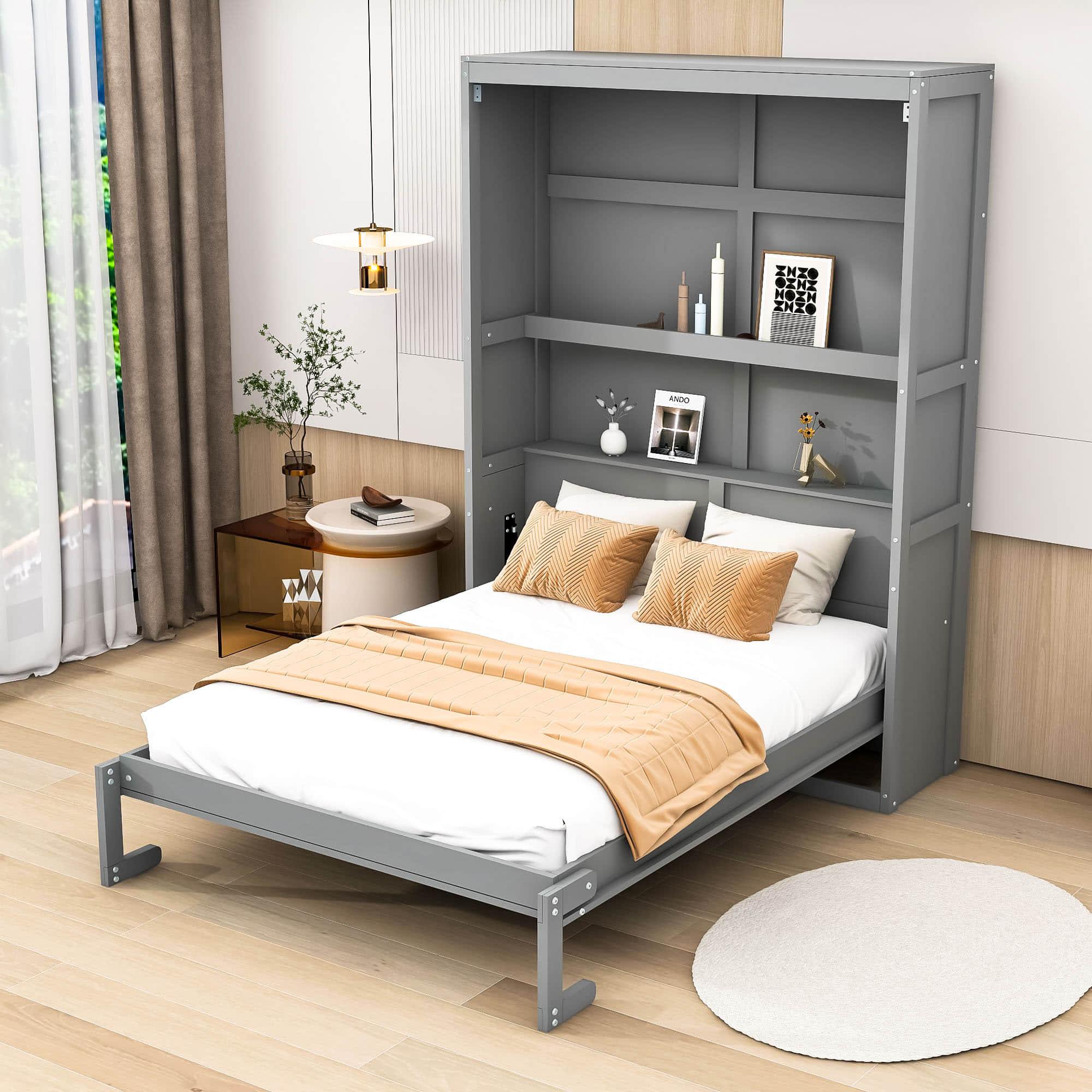 Full Size Murphy Bed Wall Bed with Shelves - [Wood, Vertical]