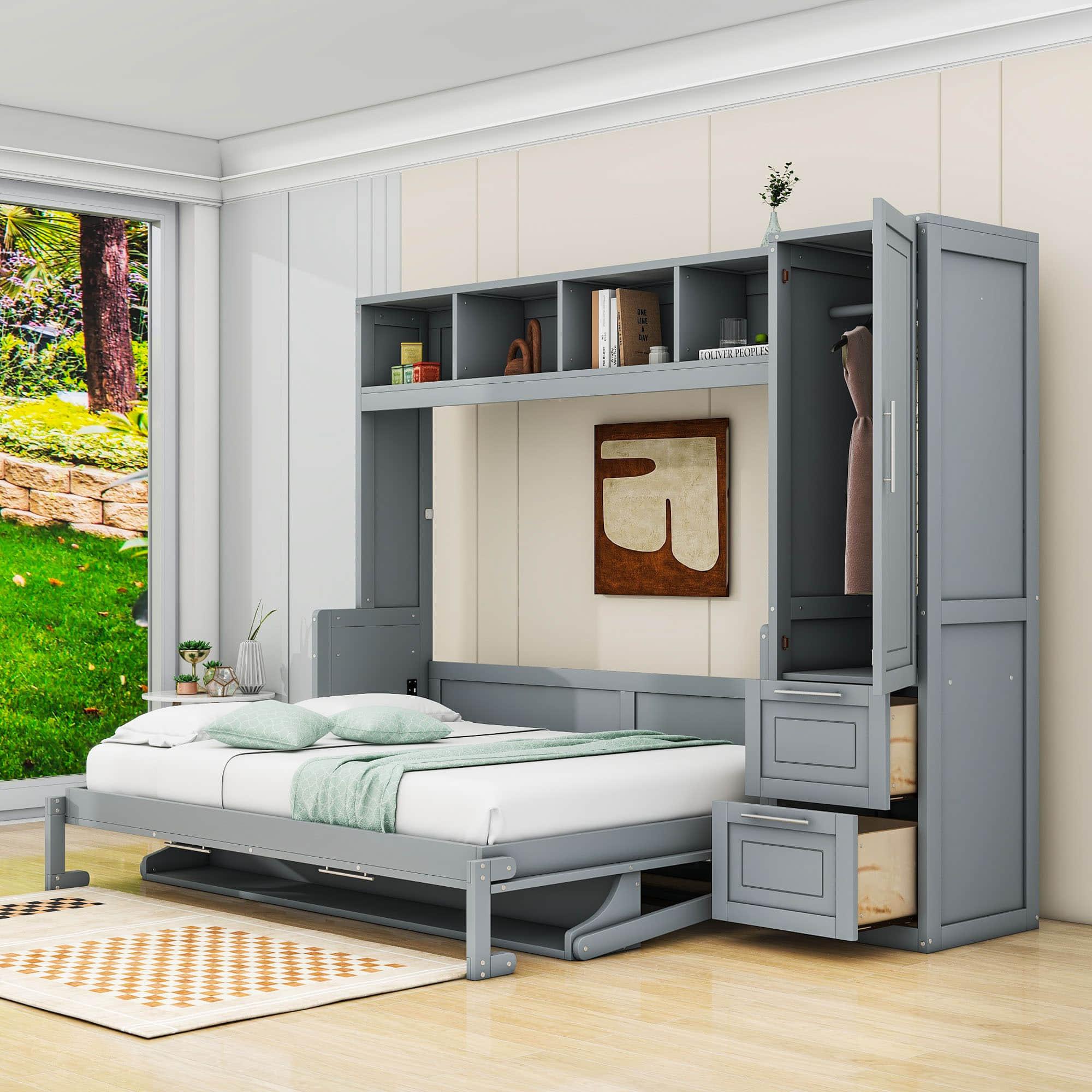 Wood Queen Size Murphy Bed in Closet with Shelves, Storage Drawers