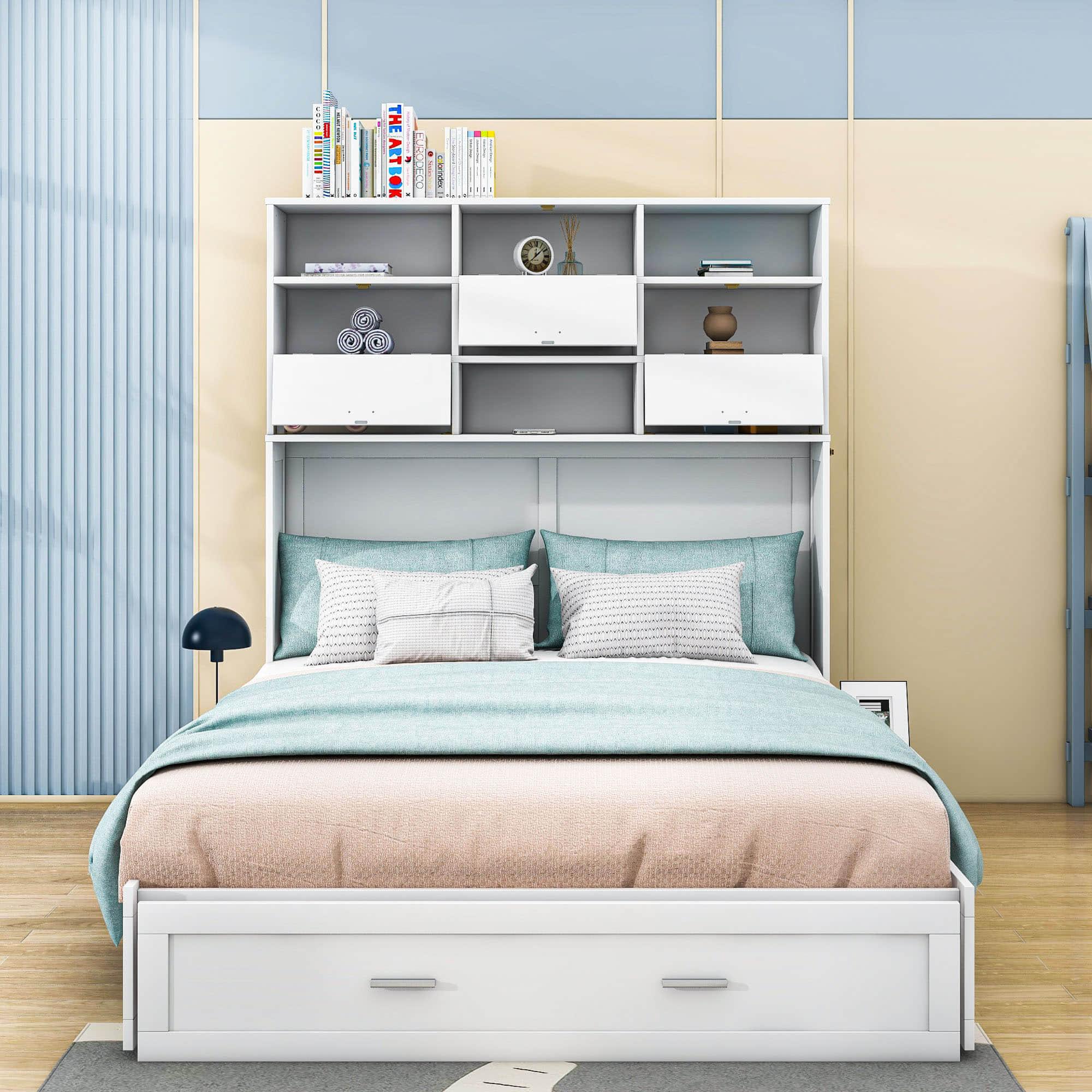 Queen Murphy Bed with Bookcase, Bedside Shelves and Storage Drawer