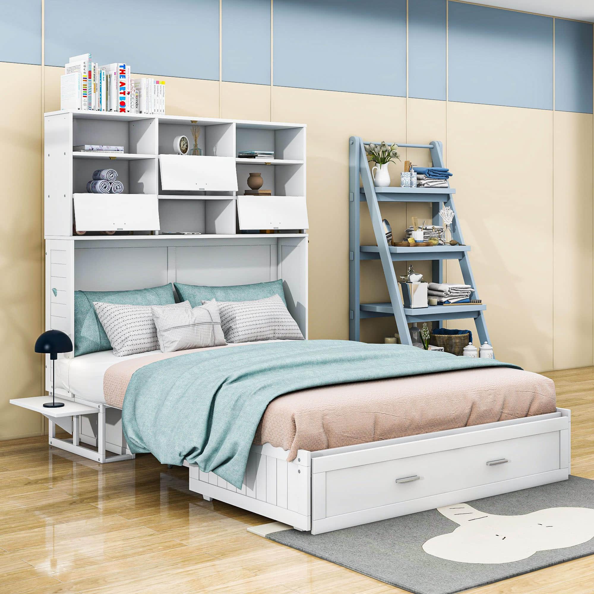 Queen Murphy Bed with Bookcase, Bedside Shelves and Storage Drawer