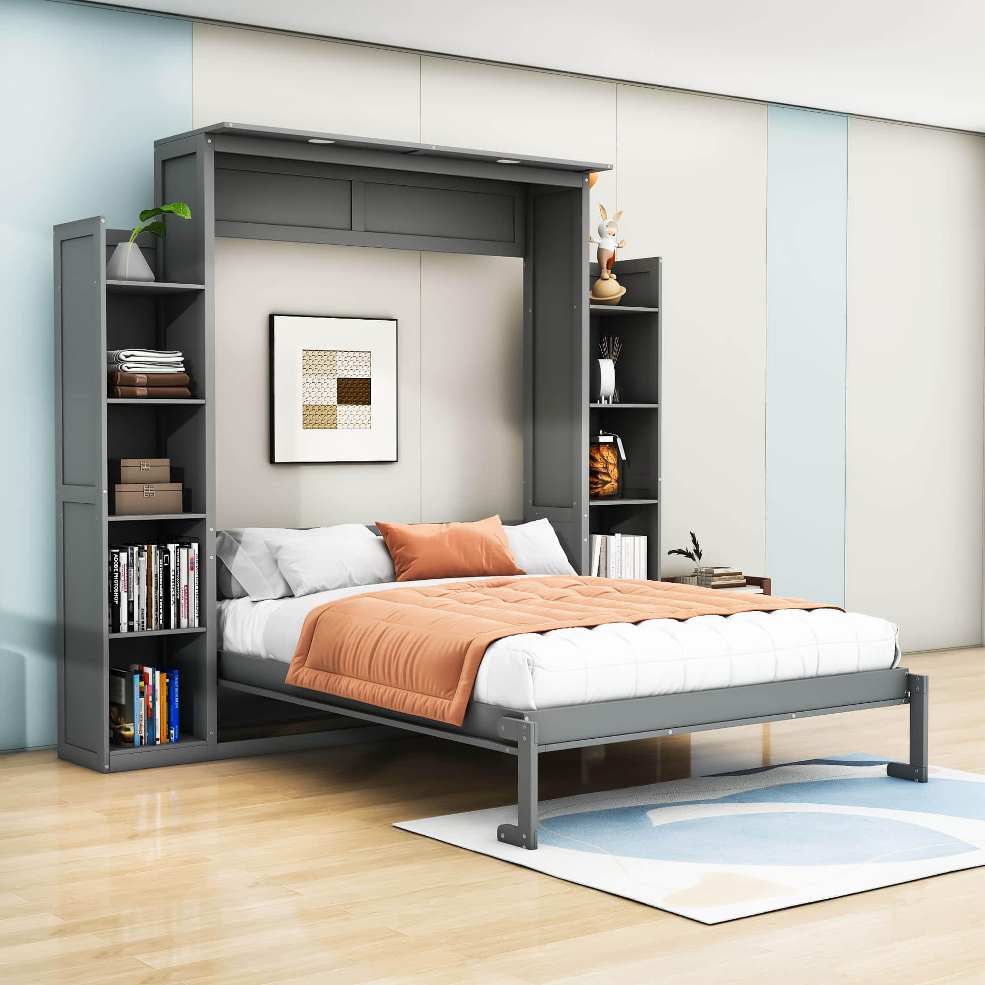 Modern Queen Murphy Bed with Shelves and LED Lights