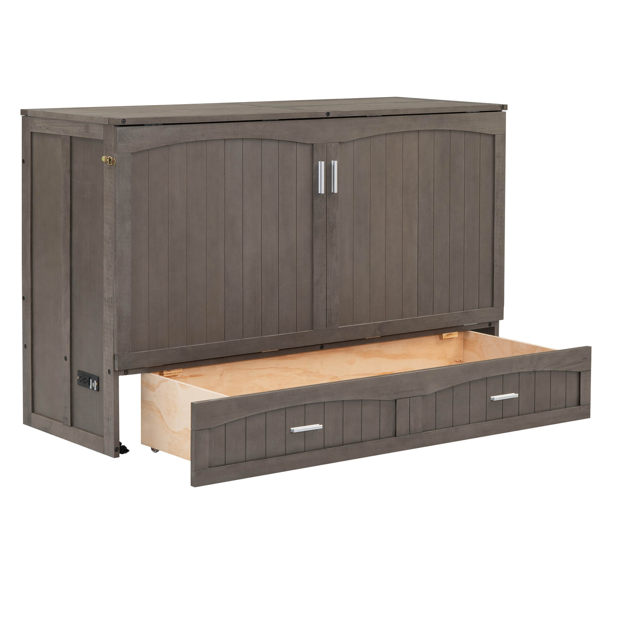 Farmhouse Queen Murphy Bed with Built-In Storage Drawer and Charging Station USB Ports