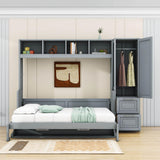 Wood Queen Size Murphy Bed in Closet with Shelves, Storage Drawers