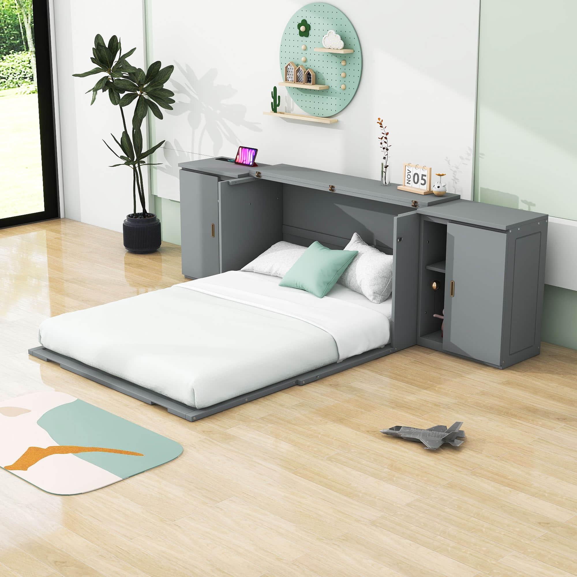 Wooden Modern Smart Floor Cabinet Bed Queen with Shelves - [USB Ports]