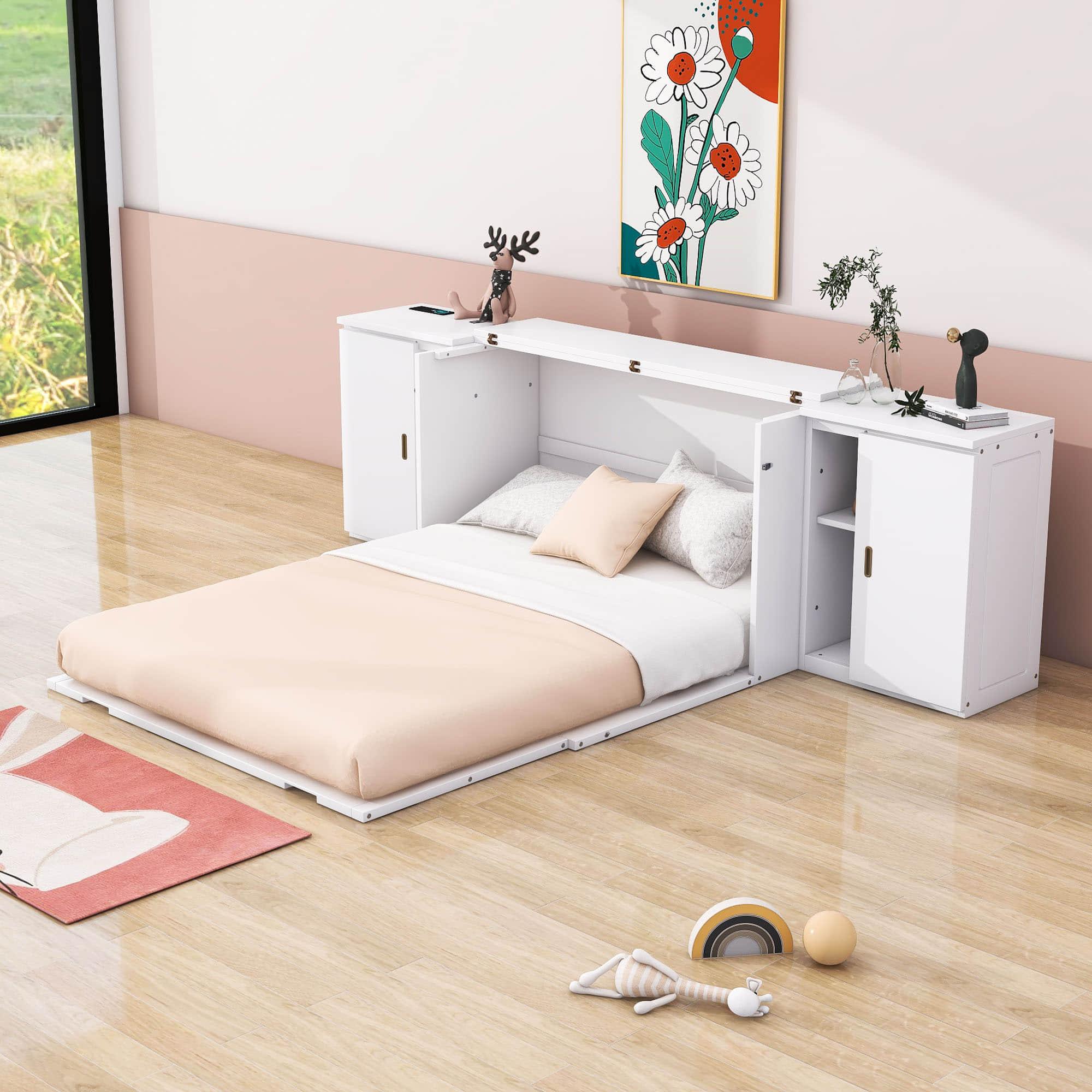 Wooden Modern Smart Floor Cabinet Bed Queen with Shelves - [USB Ports]