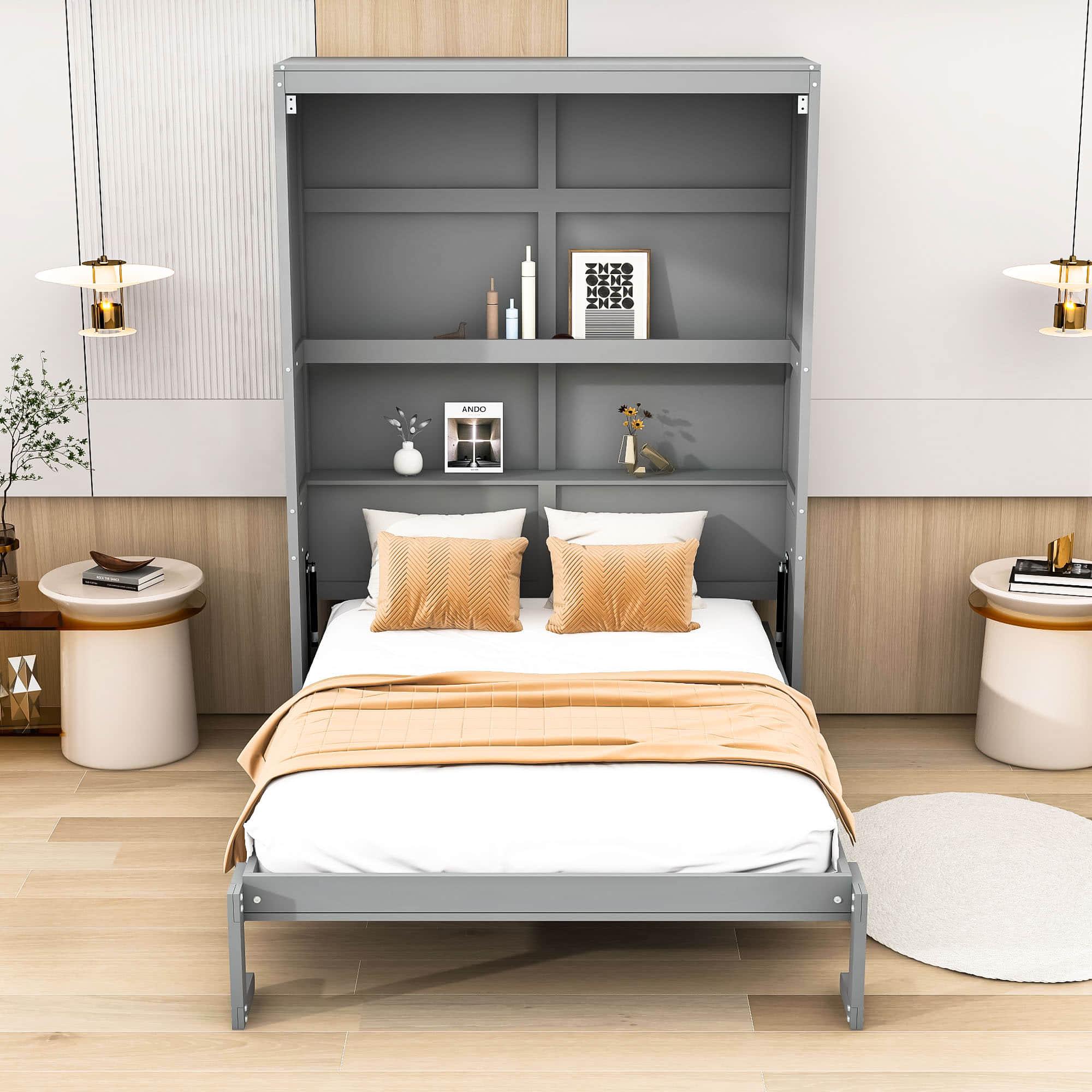 Full Size Murphy Bed Wall Bed with Shelves - [Wood, Vertical]