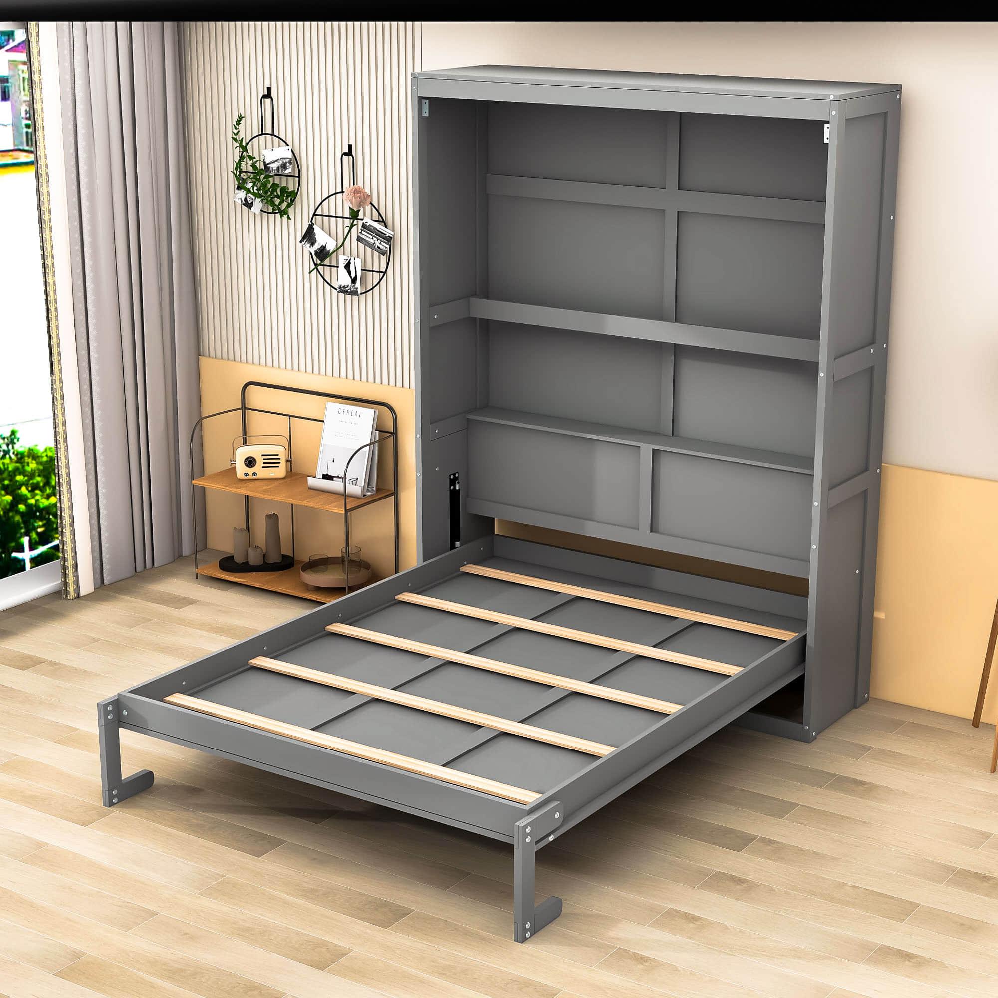 Queen Size Murphy Bed Wall Bed with Shelves - [Wood, Vertical]