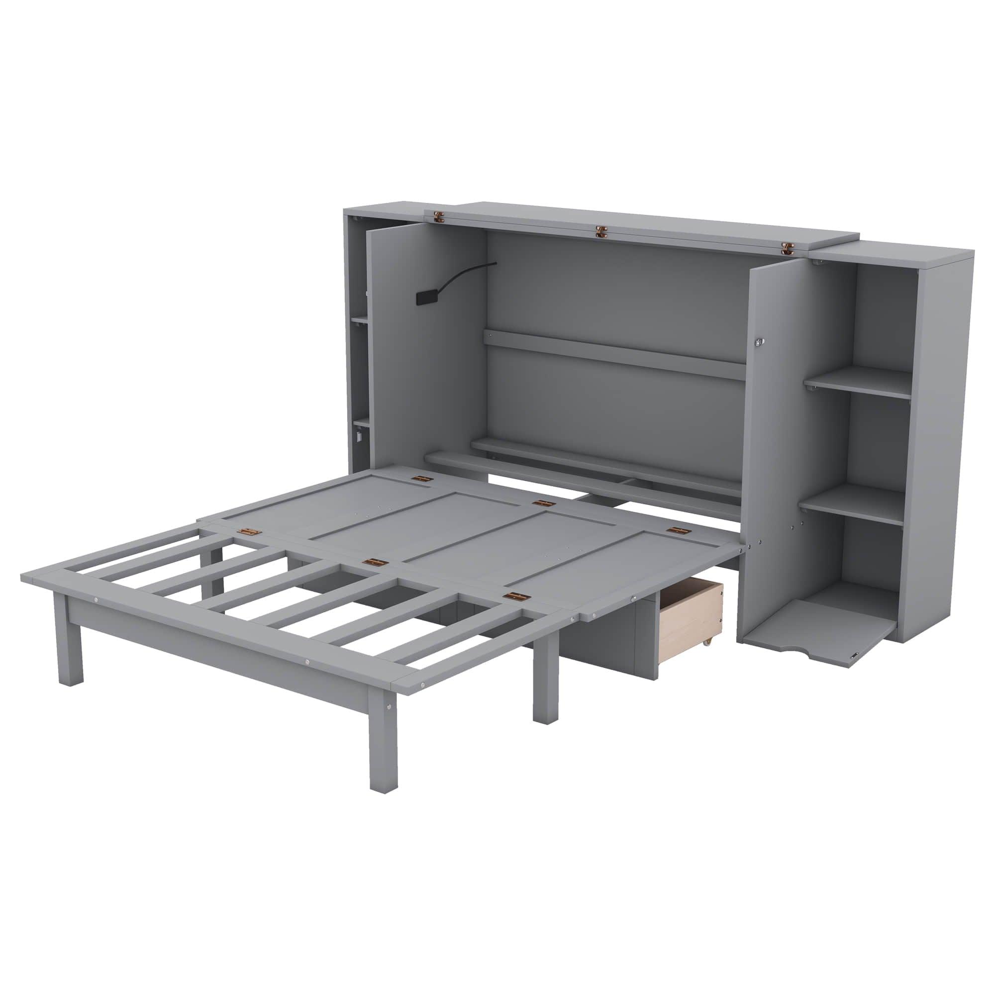 Modern Smart Full Size Horizontal Murphy Bed with Shelves - [Drawers, USB Ports]