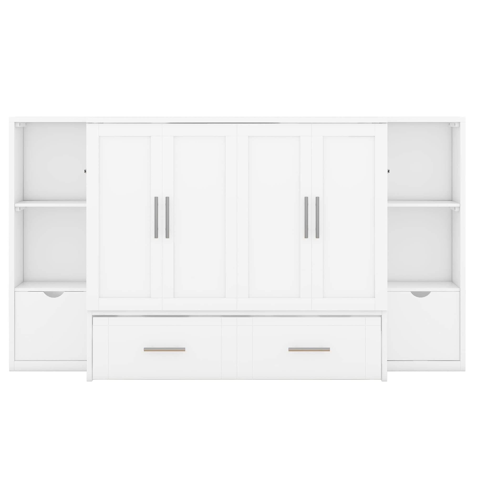 Modern Queen Size Horizontal Murphy Bed Cabinet with Shelves - [Drawers, USB Ports]