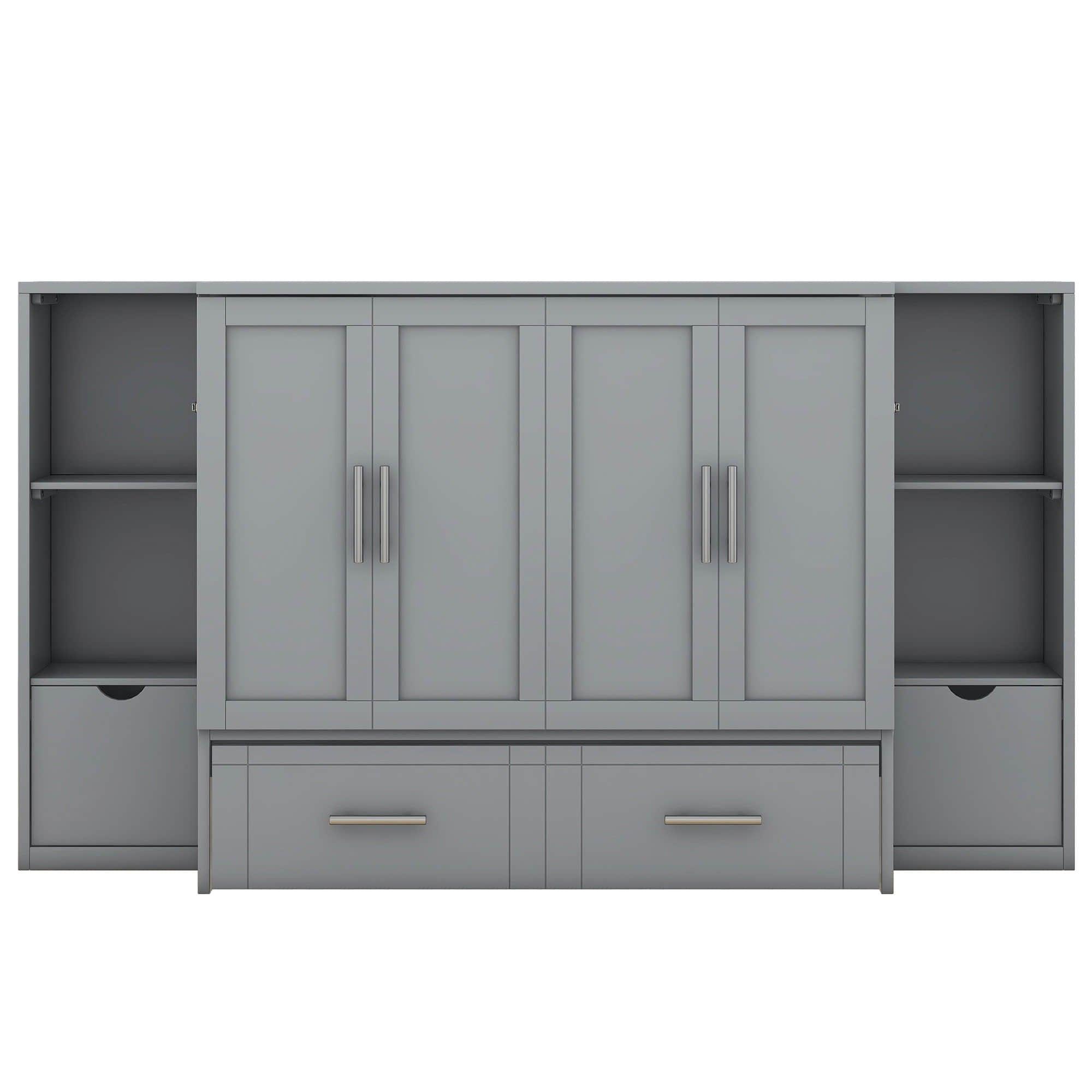 Modern Queen Size Horizontal Murphy Bed Cabinet with Shelves - [Drawers, USB Ports]