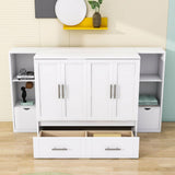 Modern Queen Size Horizontal Murphy Bed Cabinet with Shelves - [Drawers, USB Ports]