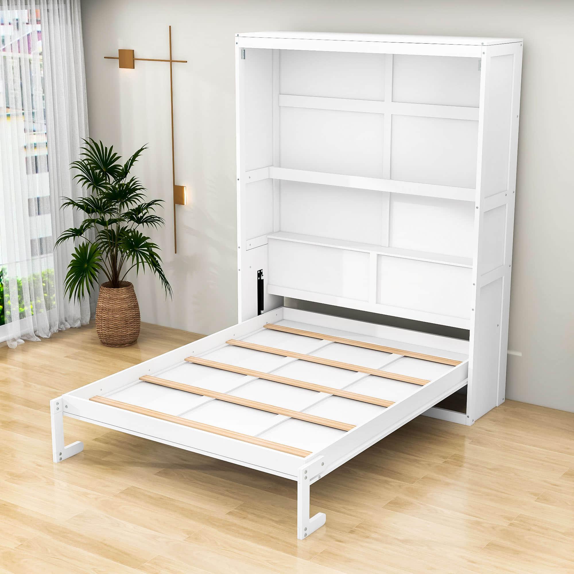 Queen Size Murphy Bed Wall Bed with Shelves - [Wood, Vertical]