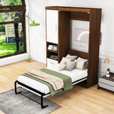 Farmhouse Twin Murphy Bed with Storage Cabinet and Shelves - [Drawers, Wood]