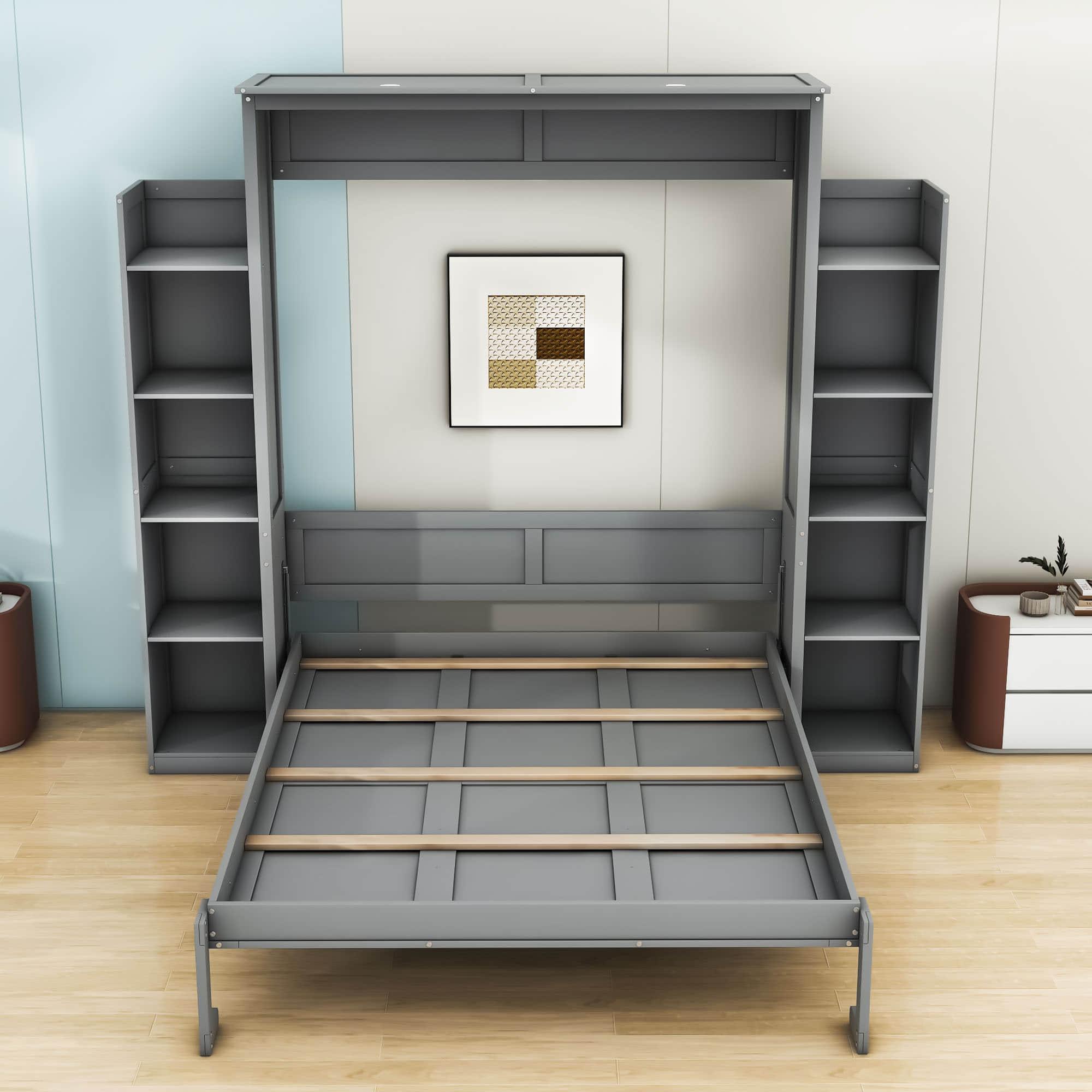 Modern Queen Murphy Bed with Shelves and LED Lights