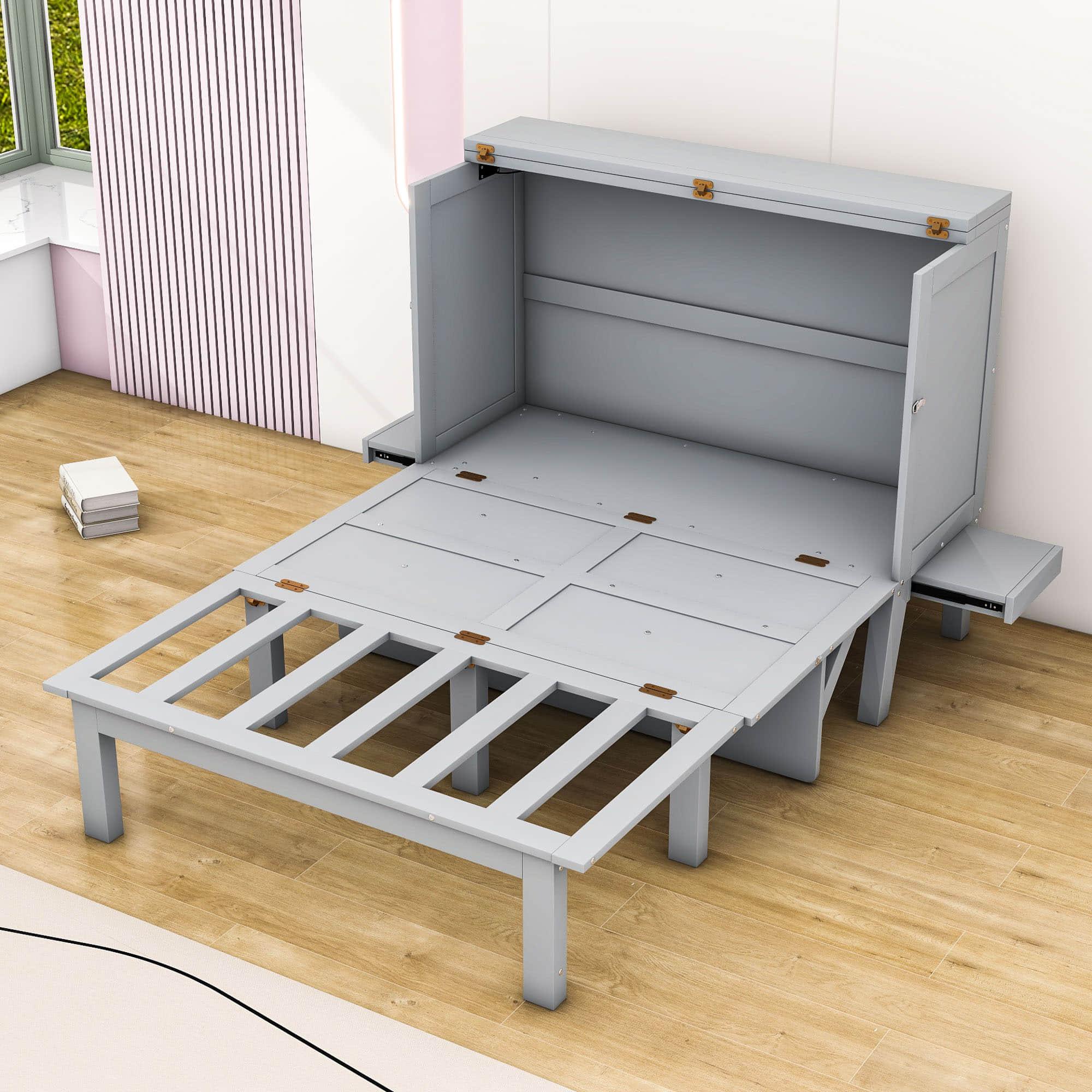 Full Size Murphy Bed with Desk, USB Port and Charging Sockets - [Removable Shelves]