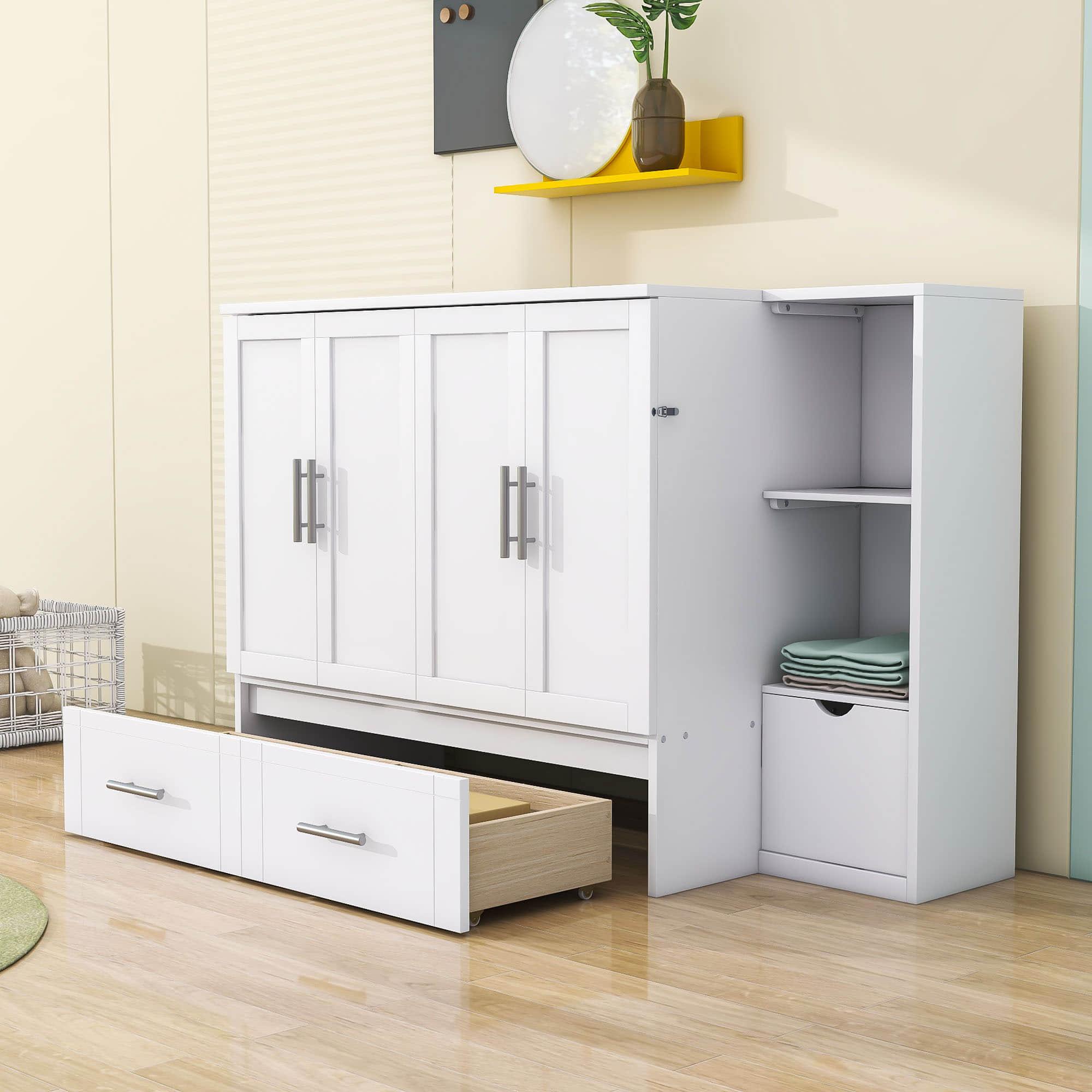 Modern Queen Size Horizontal Murphy Bed Cabinet with Shelves - [Drawers, USB Ports]