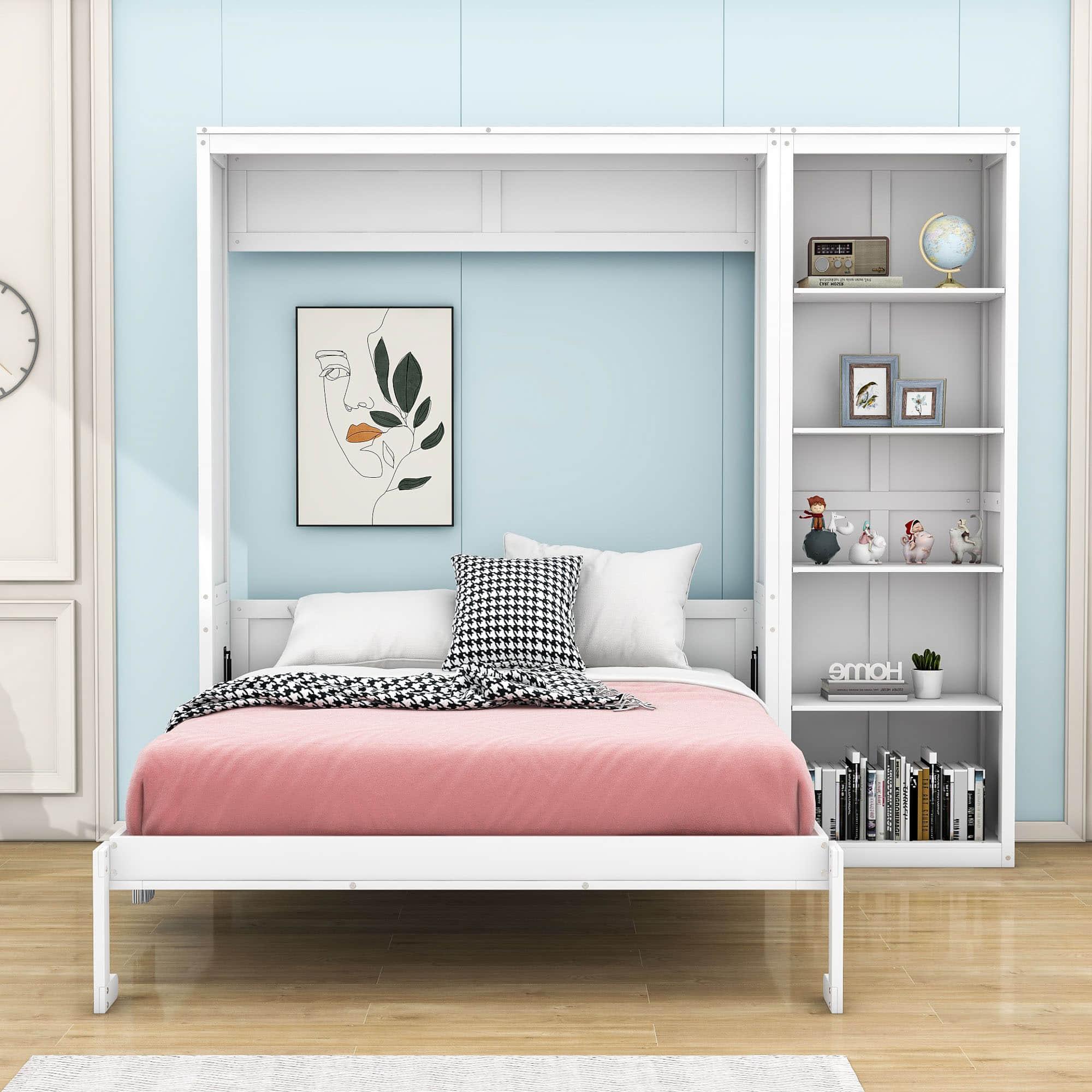 Wood Full Size Fold Away Murphy Wall Bed with Bookcase