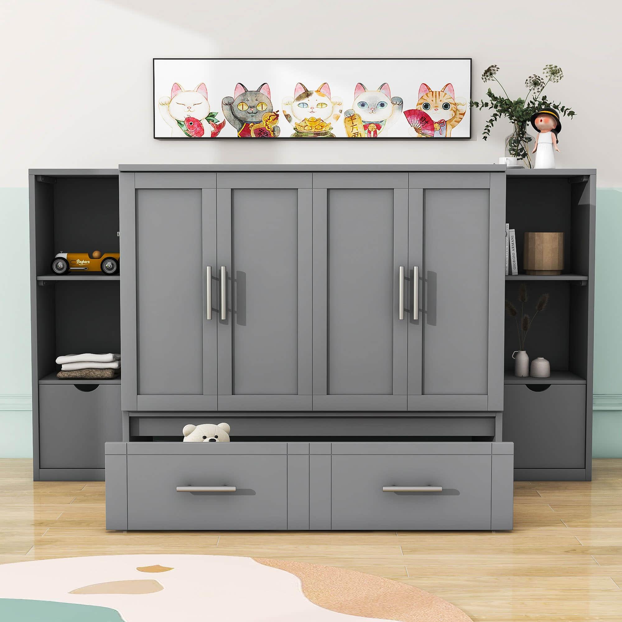 Modern Queen Size Horizontal Murphy Bed Cabinet with Shelves - [Drawers, USB Ports]