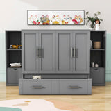 Modern Queen Size Horizontal Murphy Bed Cabinet with Shelves - [Drawers, USB Ports]