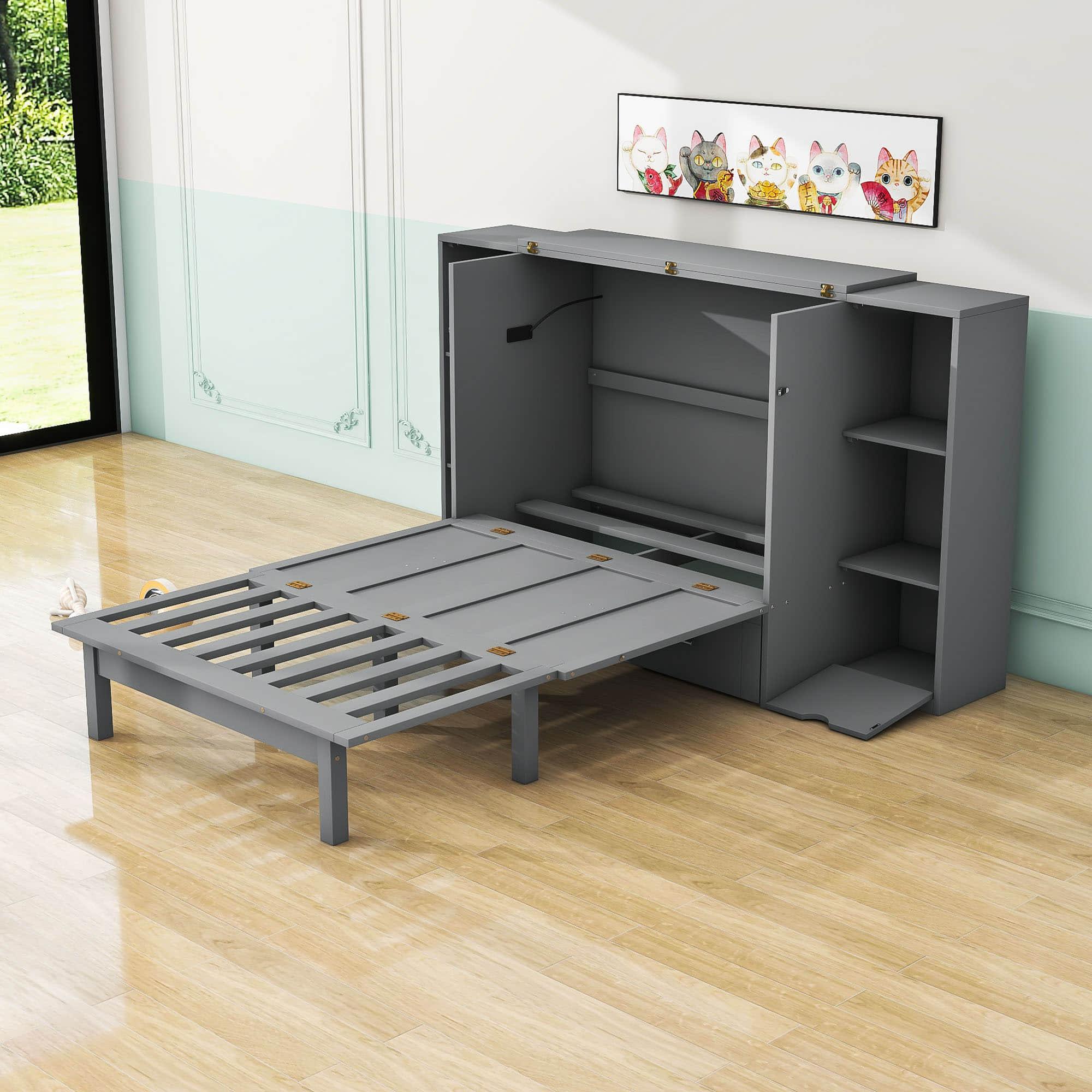 Modern Queen Size Horizontal Murphy Bed Cabinet with Shelves - [Drawers, USB Ports]