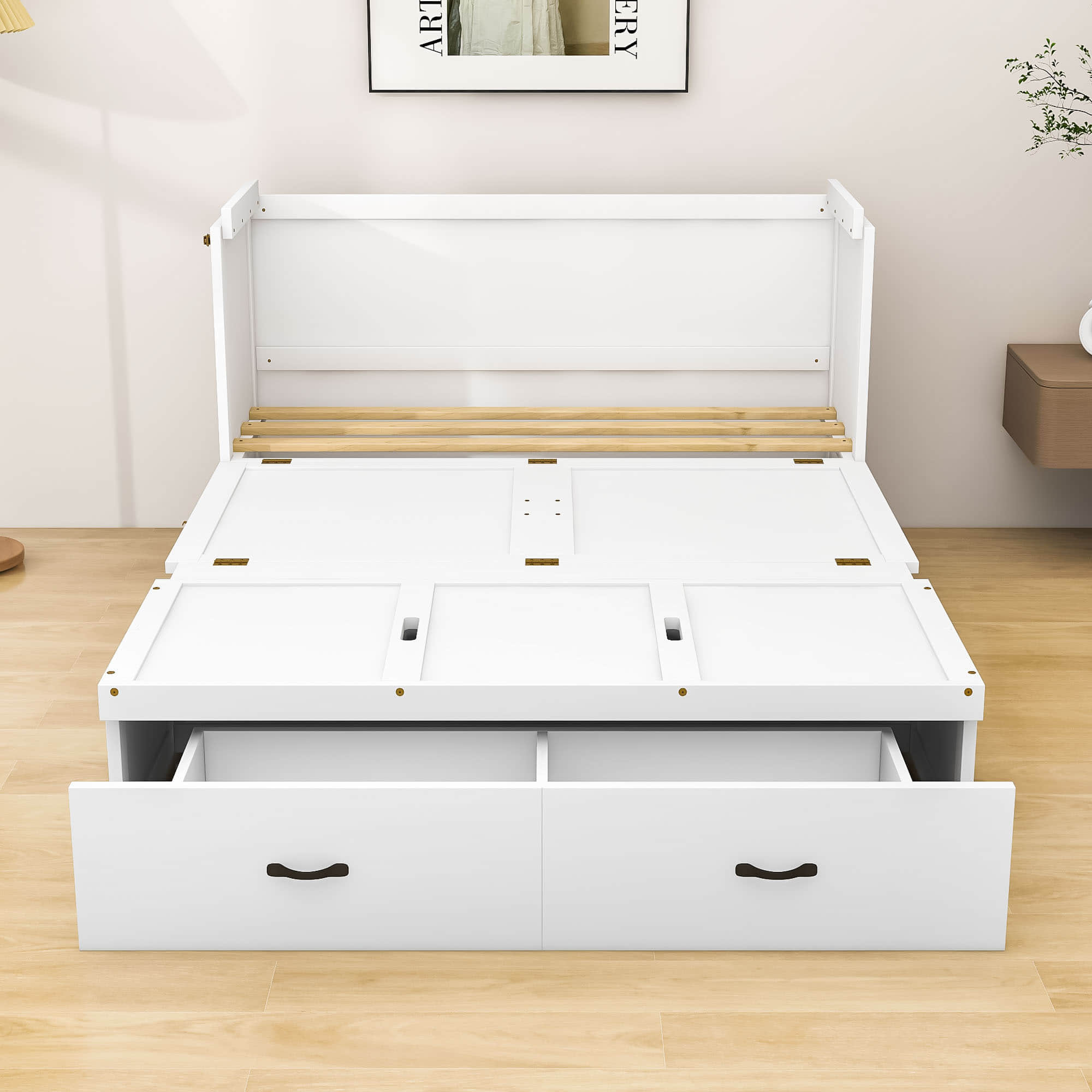 Horizontal Queen Murphy Bed with Storage Drawer & USB Port - Charging Station