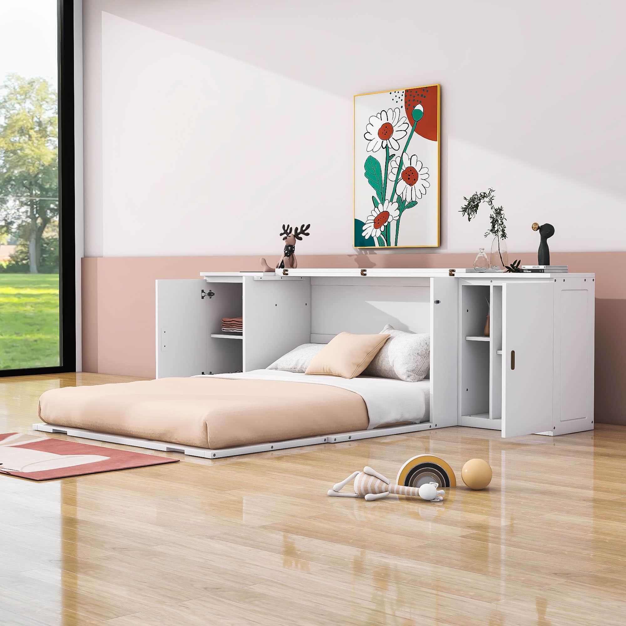 Wooden Modern Smart Floor Cabinet Bed Queen with Shelves - [USB Ports]