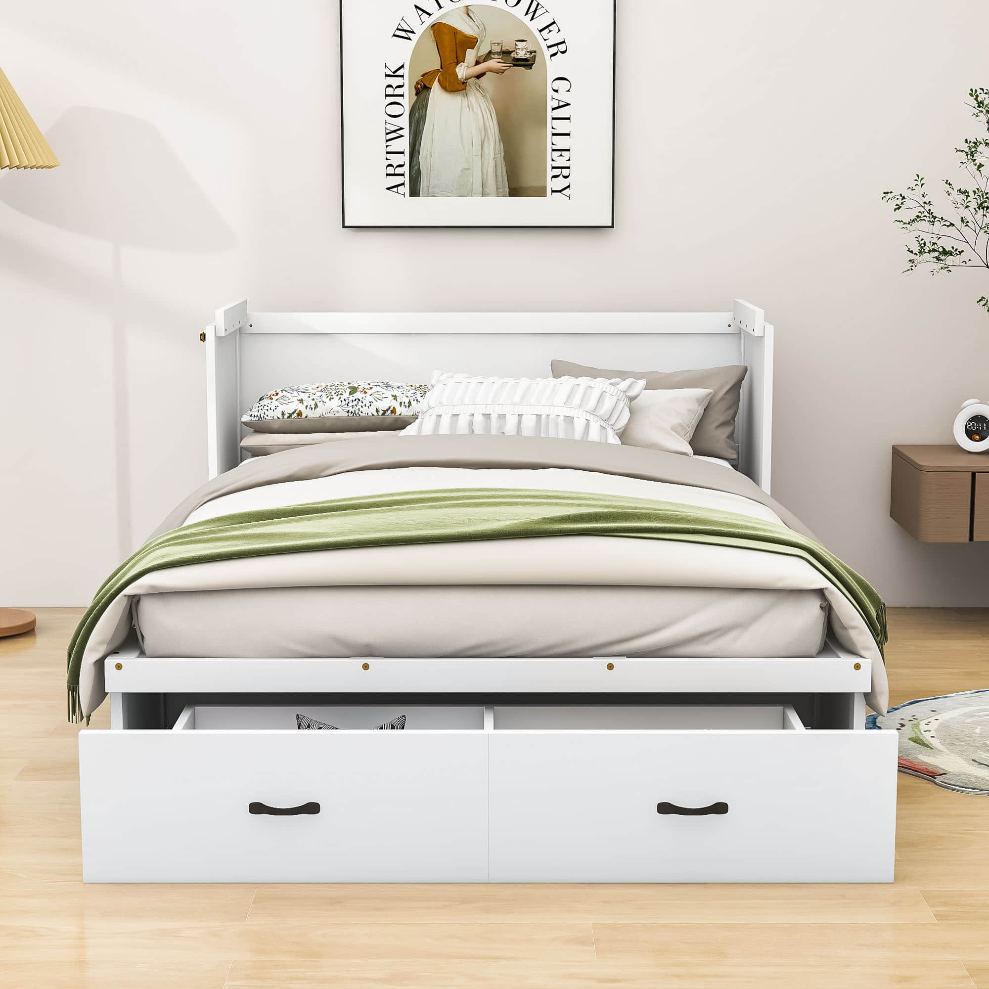 Horizontal Queen Murphy Bed with Storage Drawer & USB Port - Charging Station