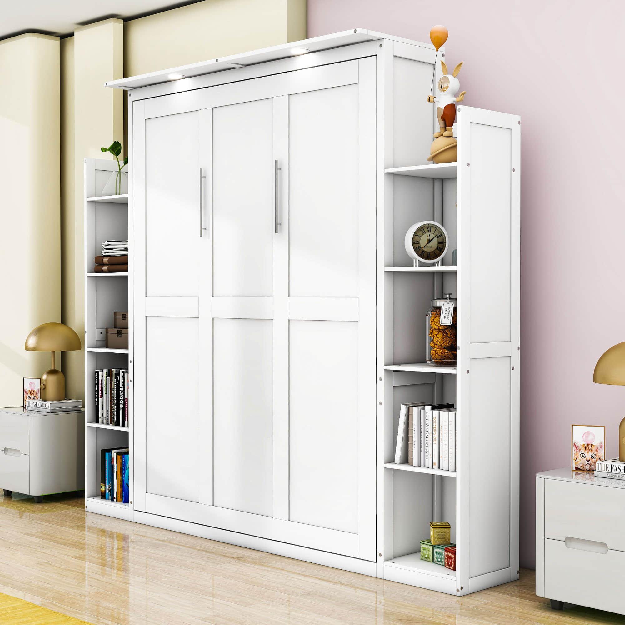 Modern Queen Murphy Bed with Shelves and LED Lights