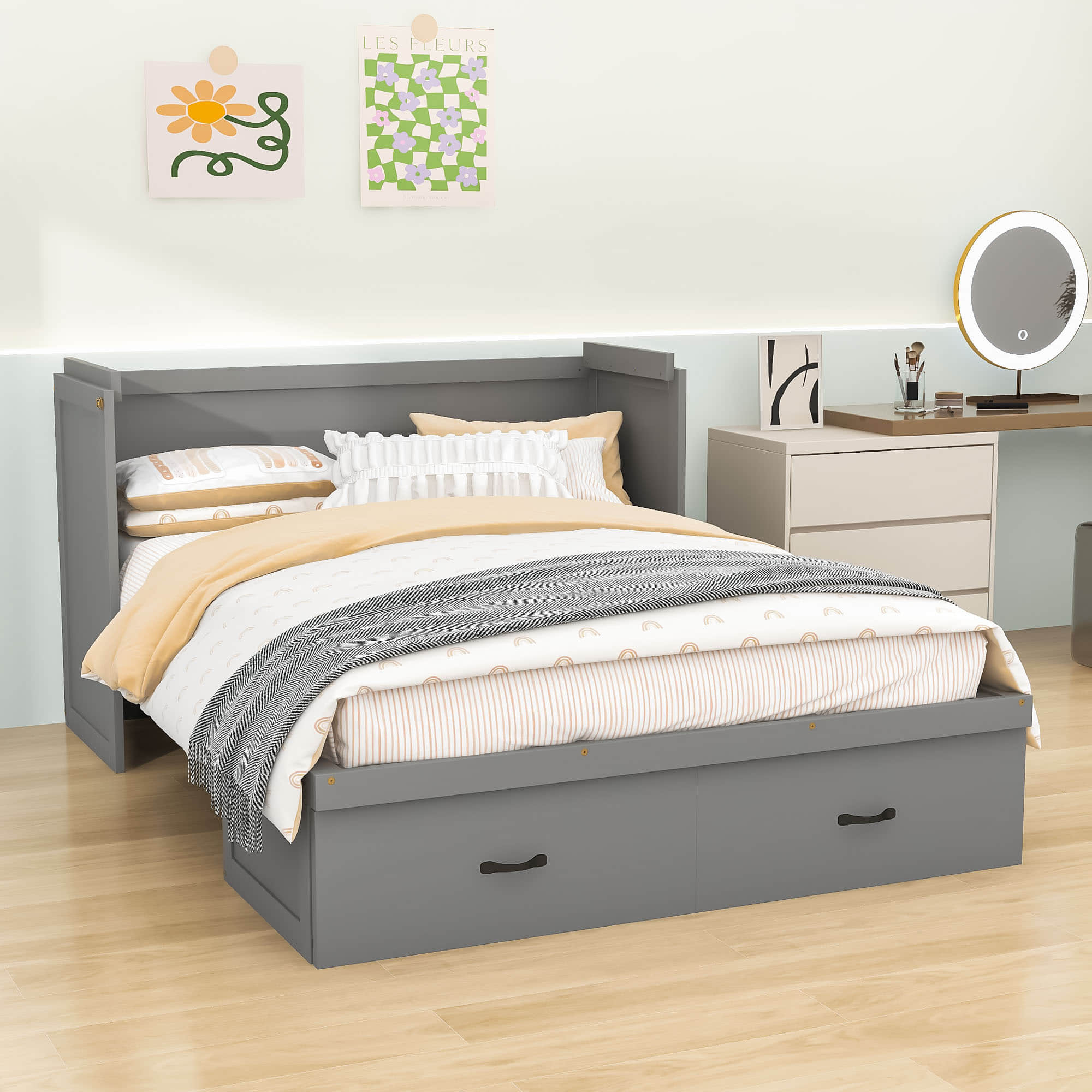 Horizontal Queen Murphy Bed with Storage Drawer & USB Port - Charging Station