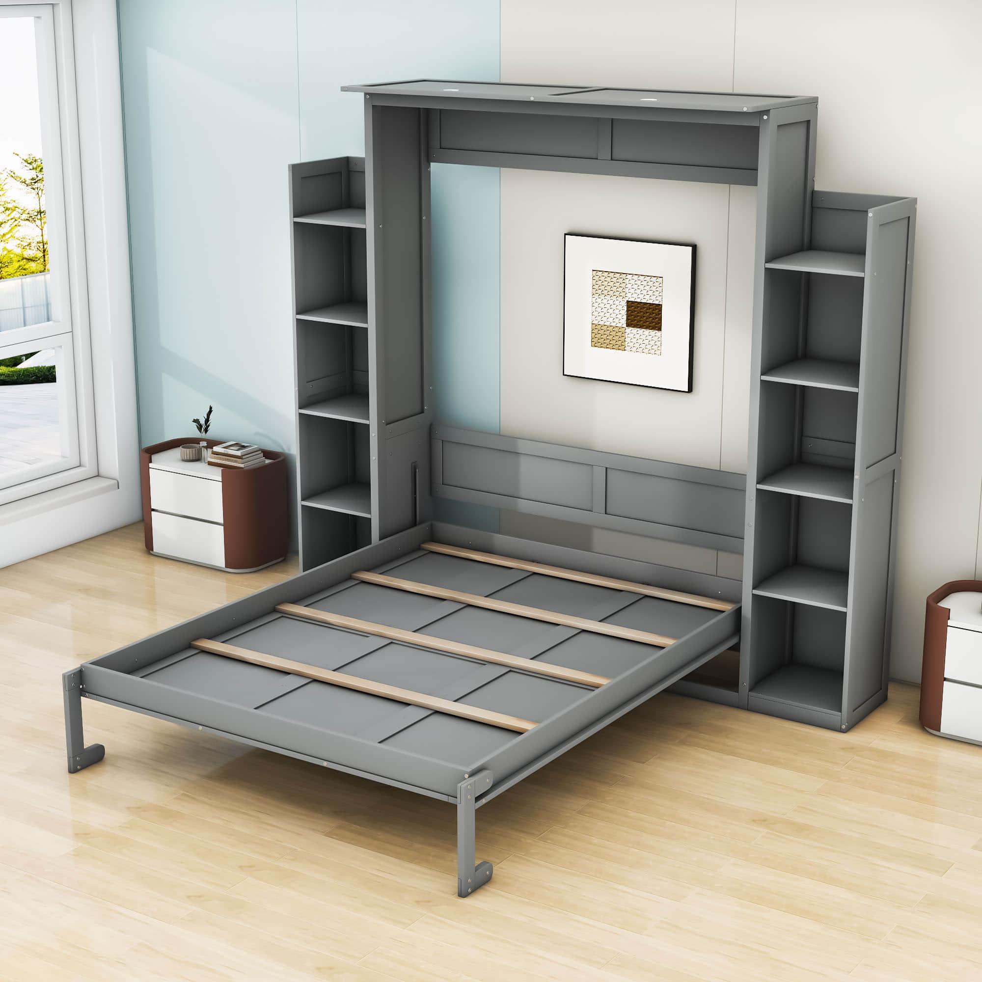 Modern Queen Murphy Bed with Shelves and LED Lights