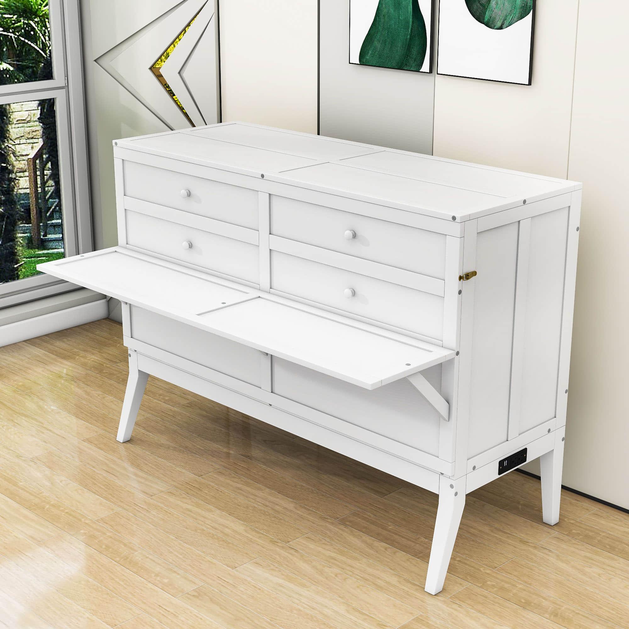 White Queen Murphy Bed with Built-In Charging Station and Shelf