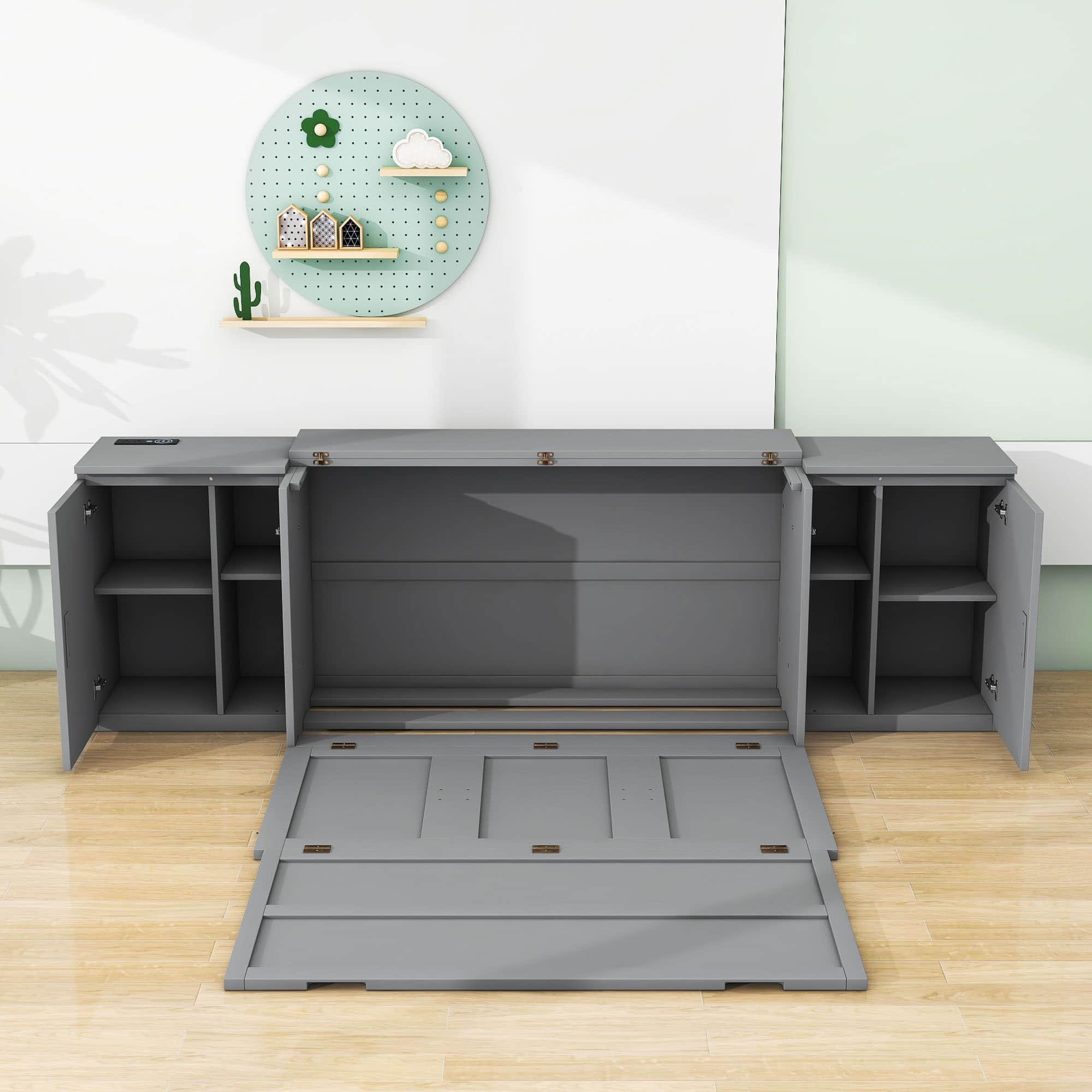 Wooden Modern Smart Floor Cabinet Bed Queen with Shelves - [USB Ports]