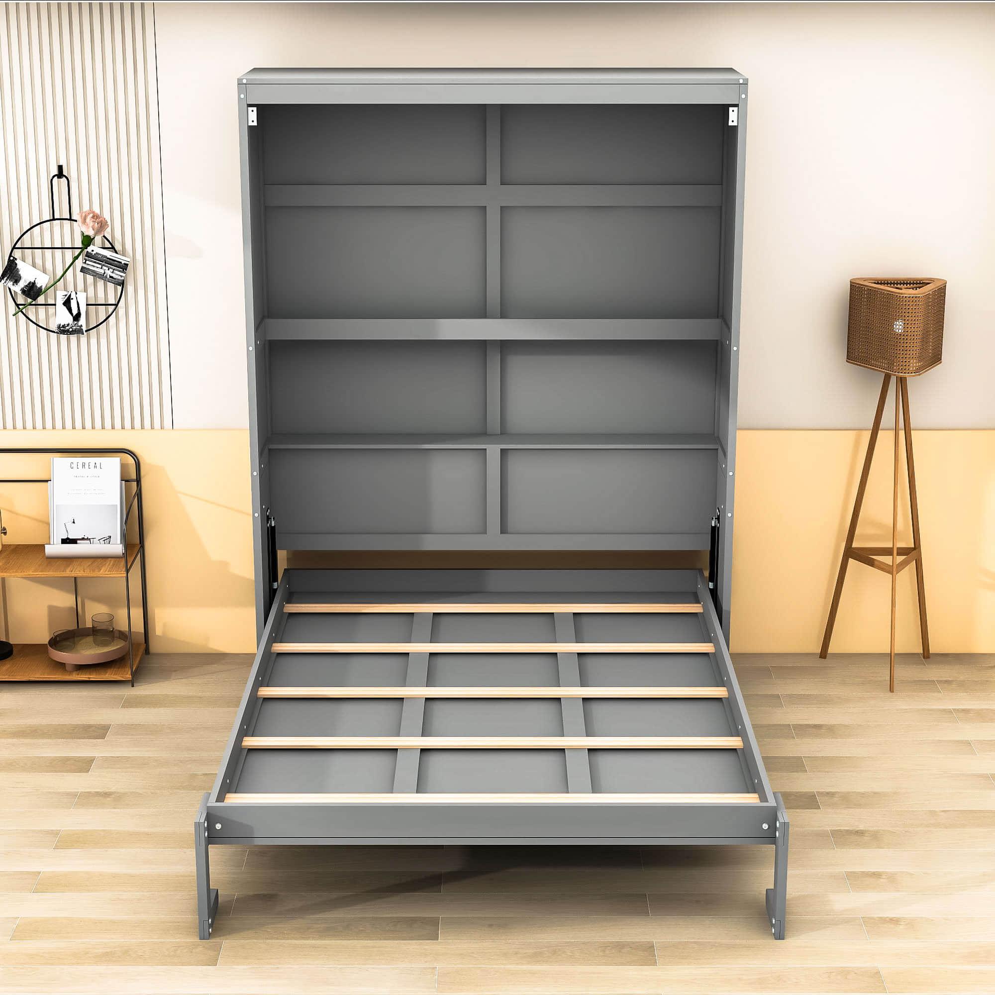 Queen Size Murphy Bed Wall Bed with Shelves - [Wood, Vertical]