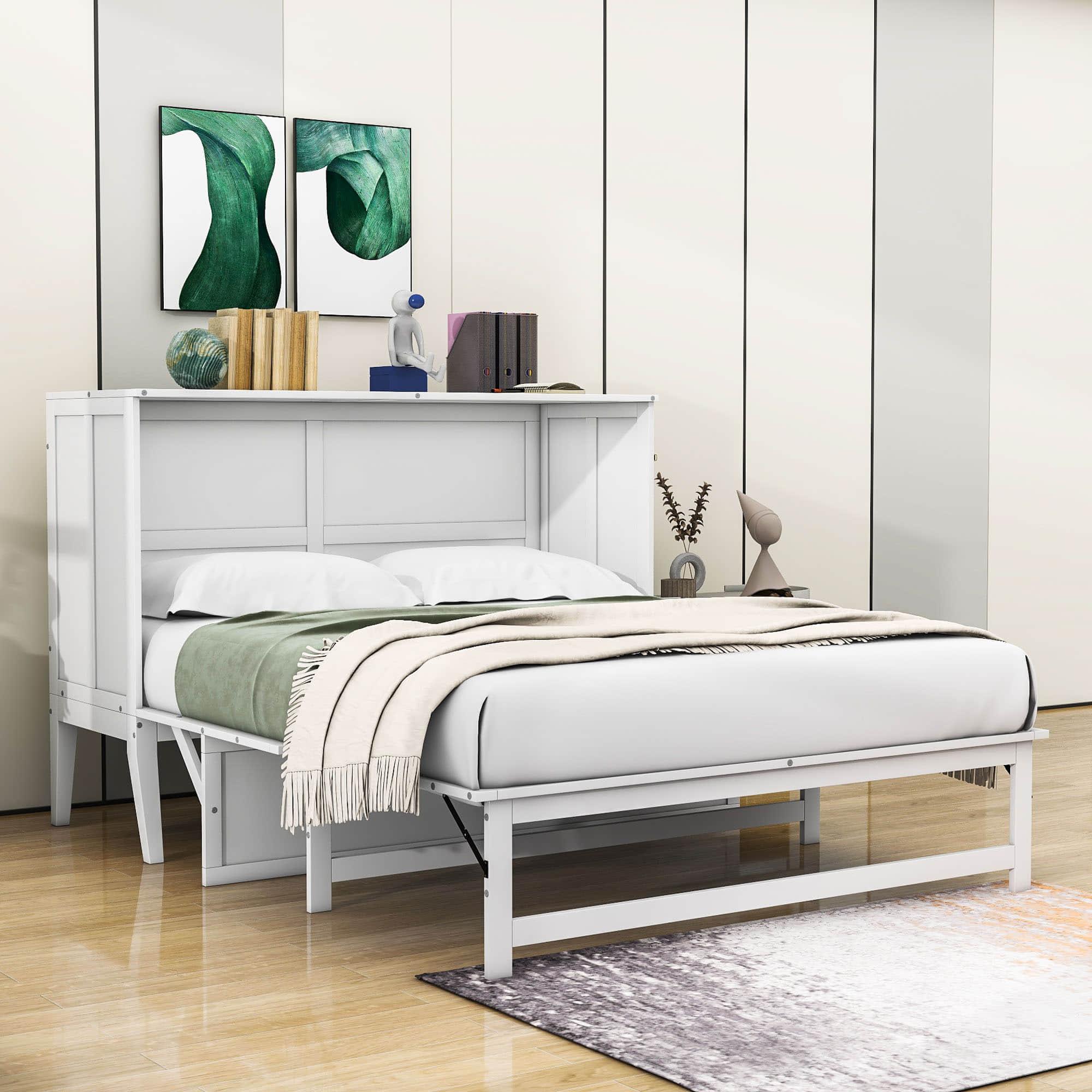 White Queen Murphy Bed with Built-In Charging Station and Shelf