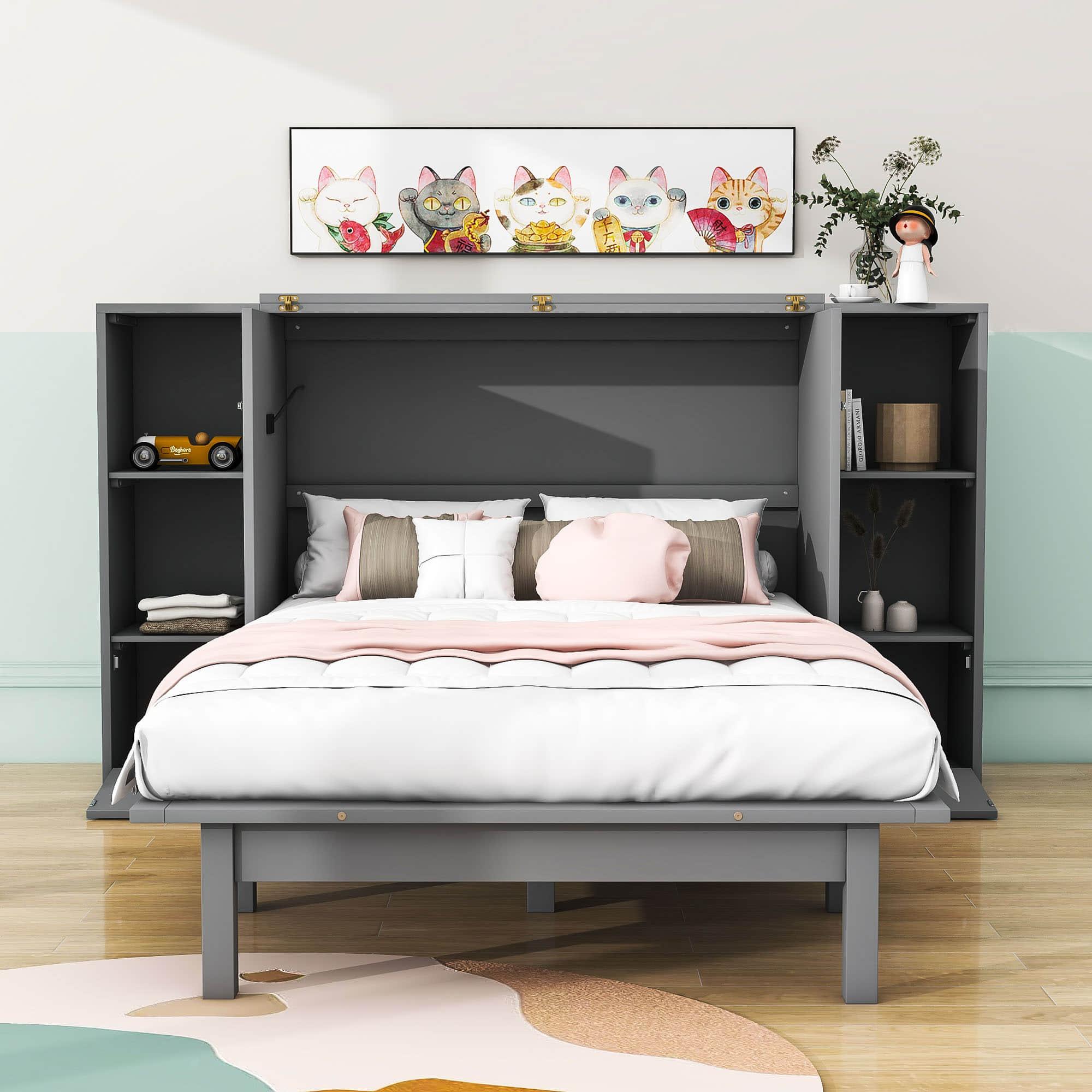 Modern Queen Size Horizontal Murphy Bed Cabinet with Shelves - [Drawers, USB Ports]