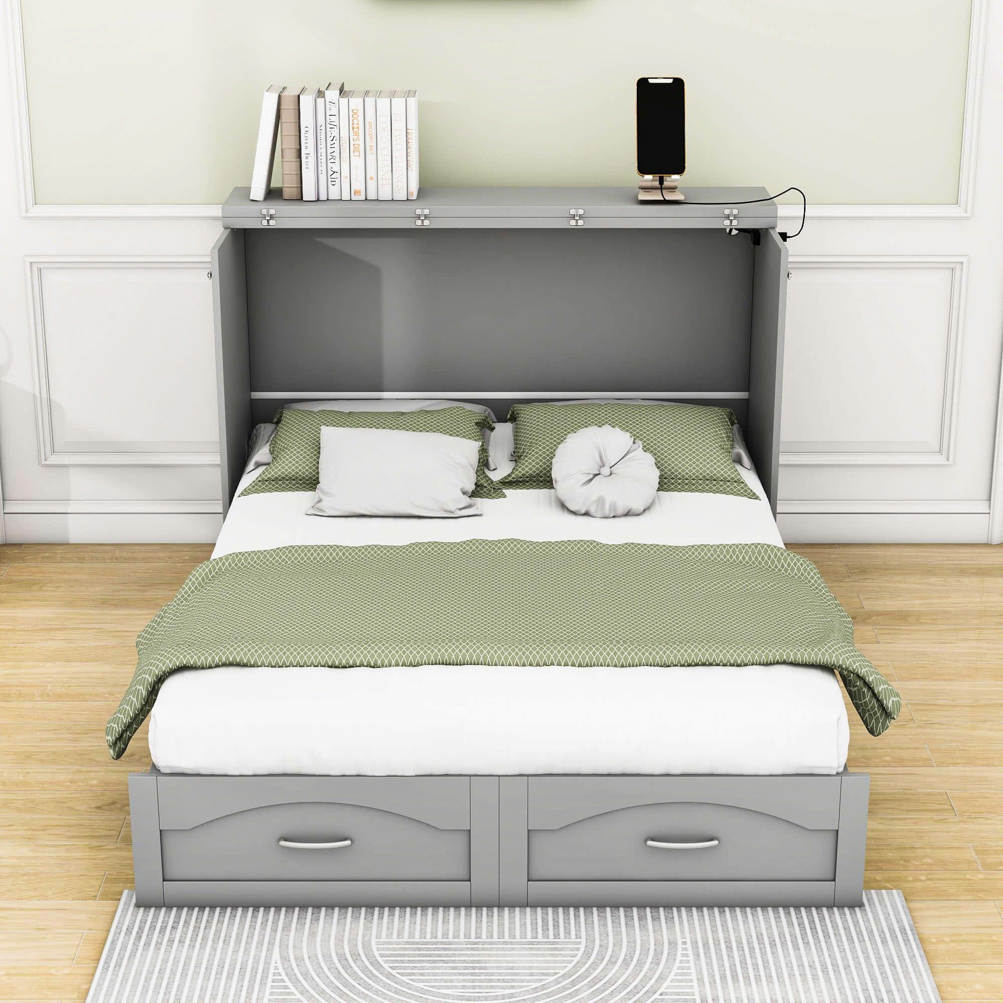 Full Murphy Bed Wall Bed with Storage Drawer and Sockets & USB Ports