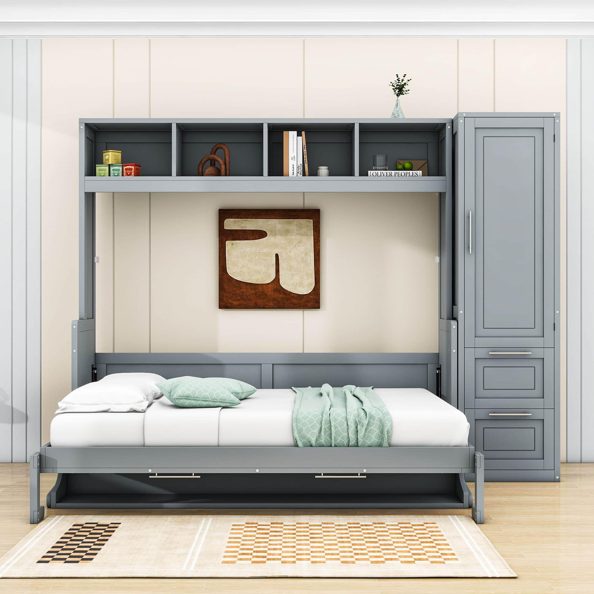 Wood Queen Size Murphy Bed in Closet with Shelves, Storage Drawers