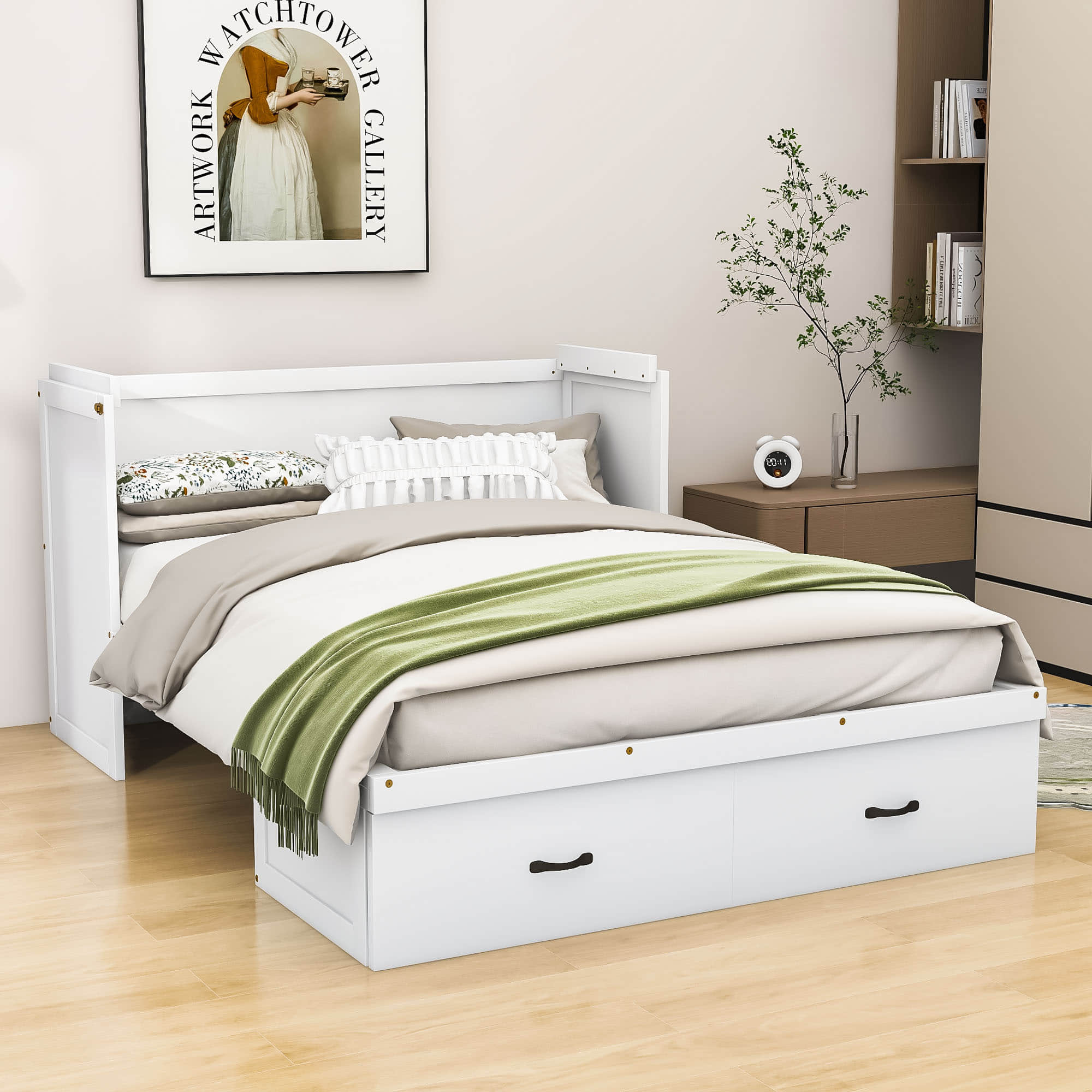 Horizontal Queen Murphy Bed with Storage Drawer & USB Port - Charging Station