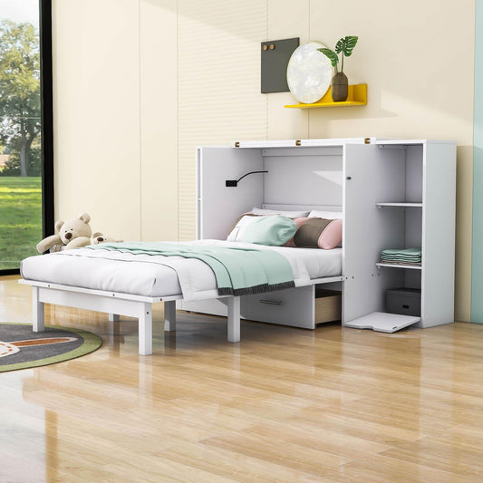 Modern Queen Size Horizontal Murphy Bed Cabinet with Shelves - [Drawers, USB Ports]